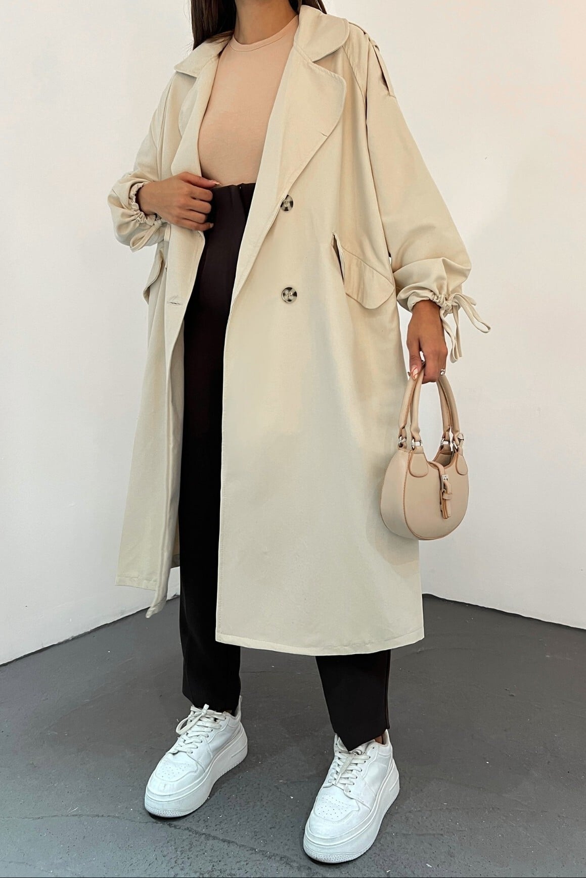 Oversize Tie-Sleeve Trench Coat with Flap Pockets - Stone - Podyumplus - by Peralane - photo 3