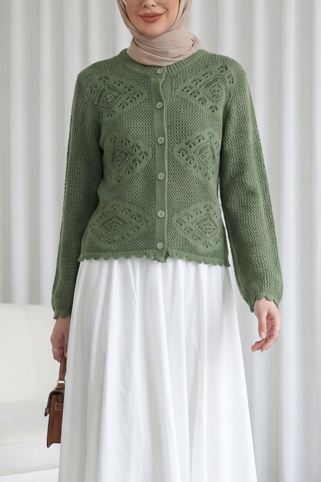 Geometric Patterned Open-Knit Buttoned Cardigan - Green - Podyumplus - by Peralane - photo 3