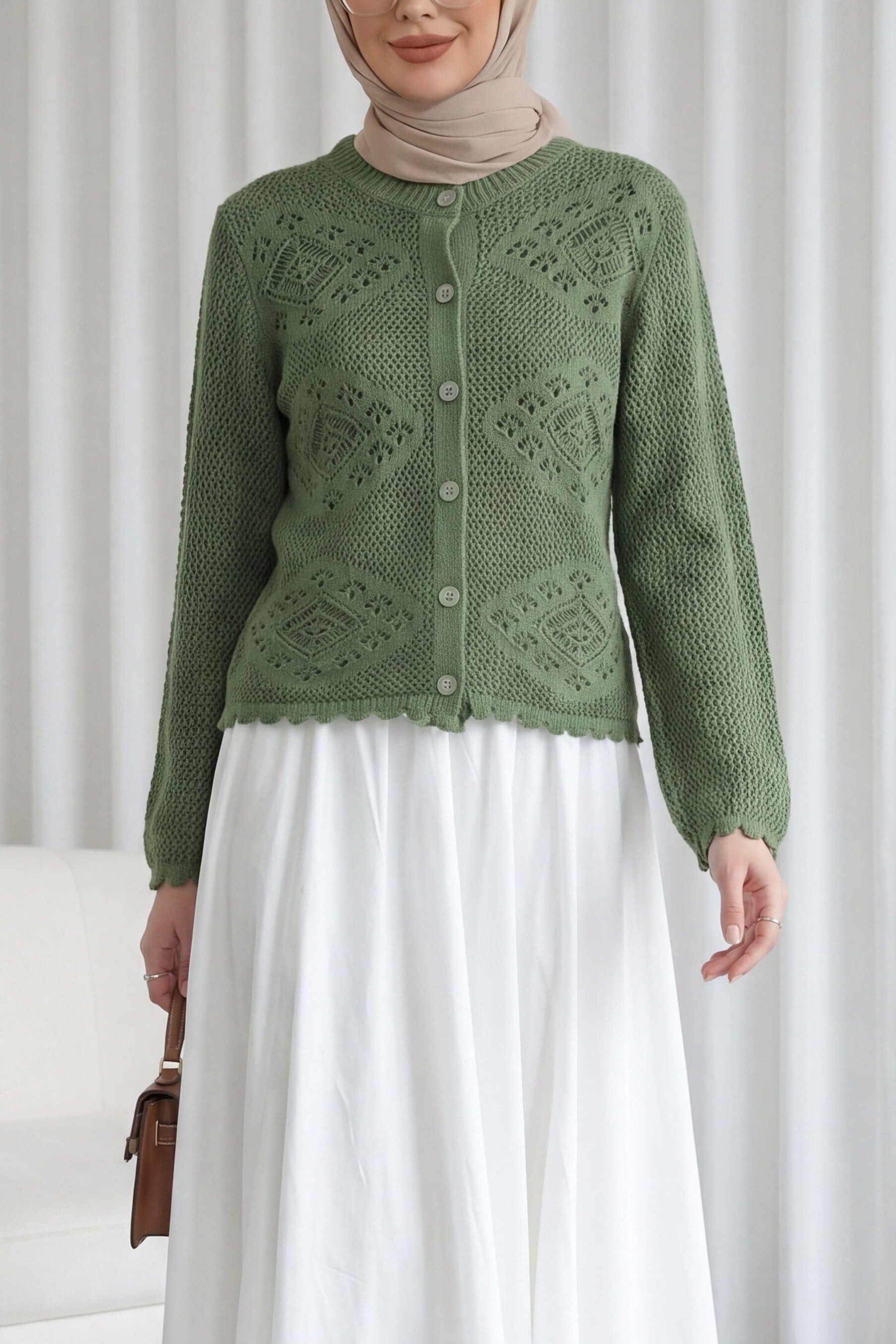 Geometric Patterned Open-Knit Buttoned Cardigan - Green - Podyumplus - by Peralane - photo 3