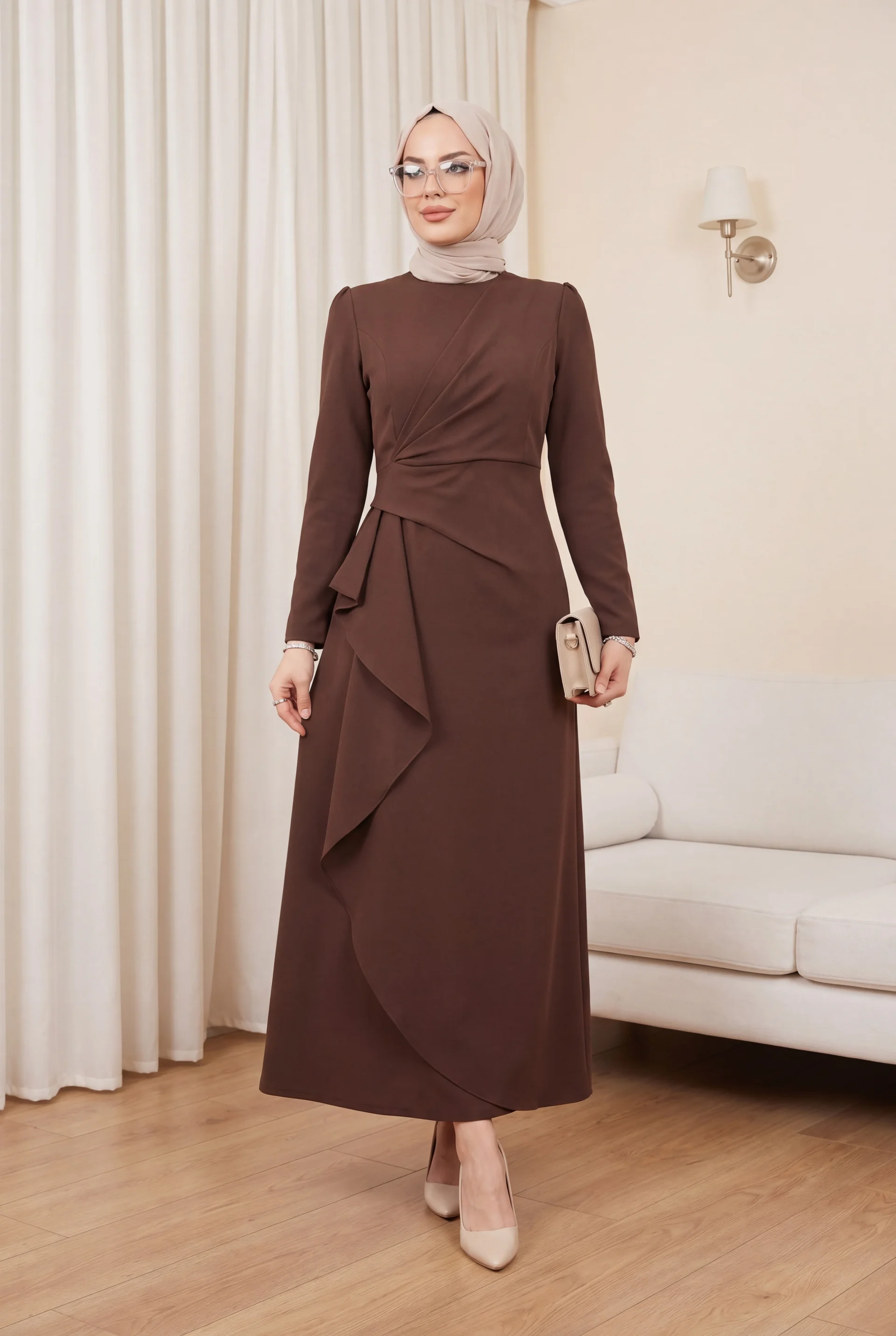 Asymmetric Wrap-Style Brown Dress with Long Sleeves - Podyumplus - by Peralane