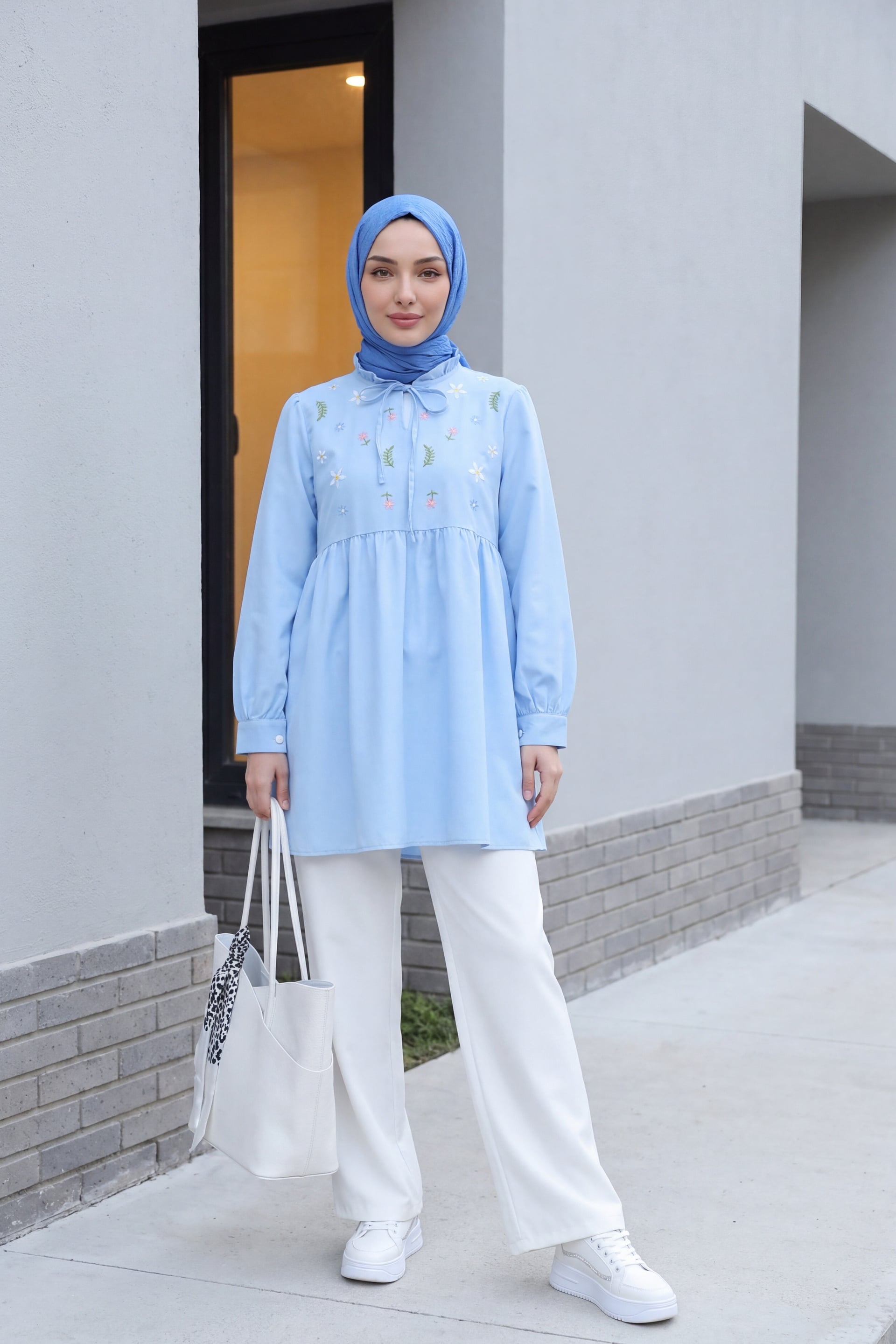 V-Neck Tie-Front Ruffled Floral Embroidered Poplin Tunic - Baby Blue - Podyumplus - by Peralane - photo 4
