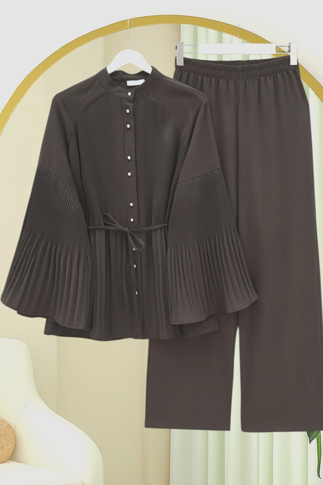 Pleated High-Neck Button Crepe Co-ord Set - Dark Brown - Podyumplus - by Peralane - photo 4