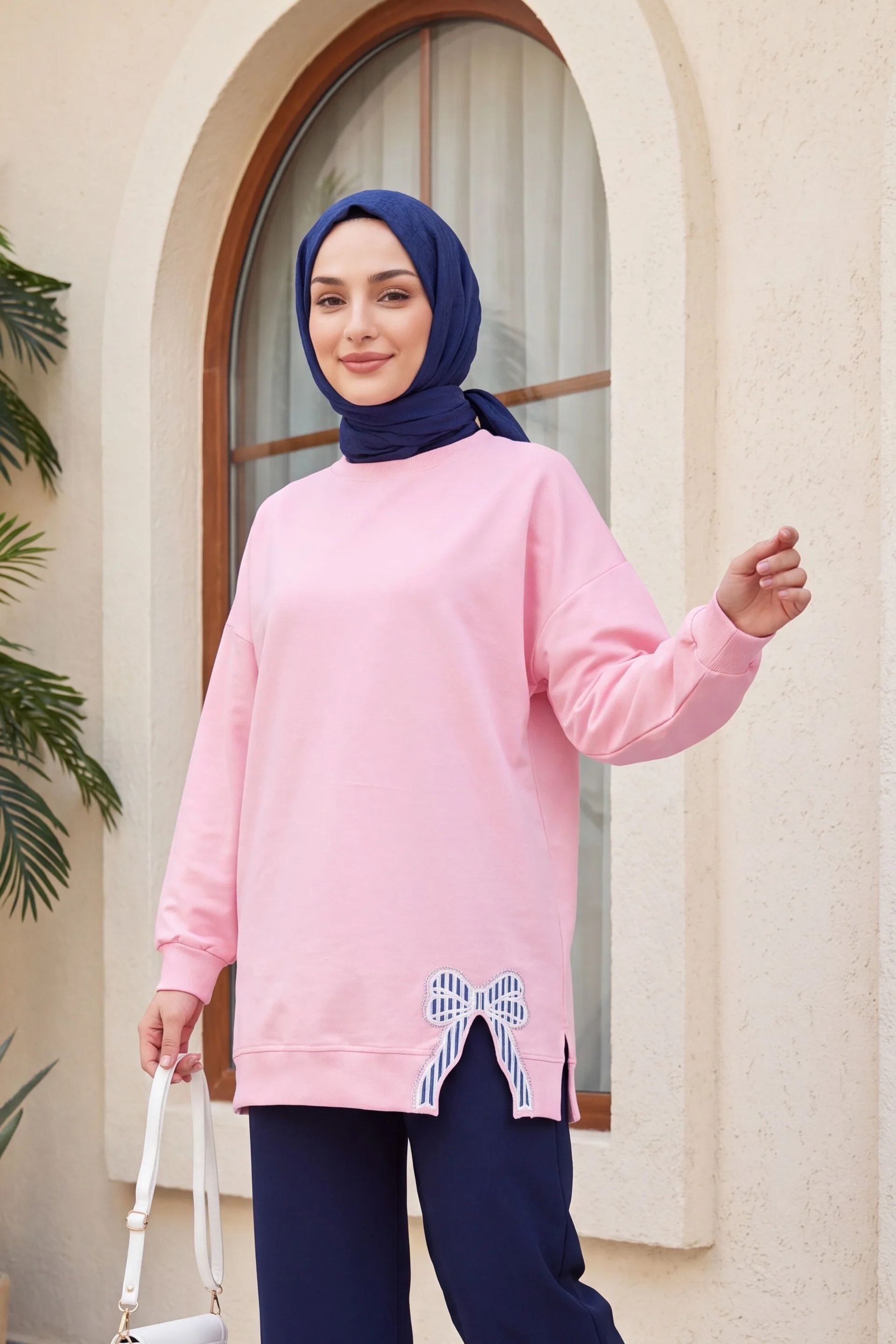 Round Neck Bow Detail Casual Knit Tunic - Powder Pink - Podyumplus - by Peralane - photo 2