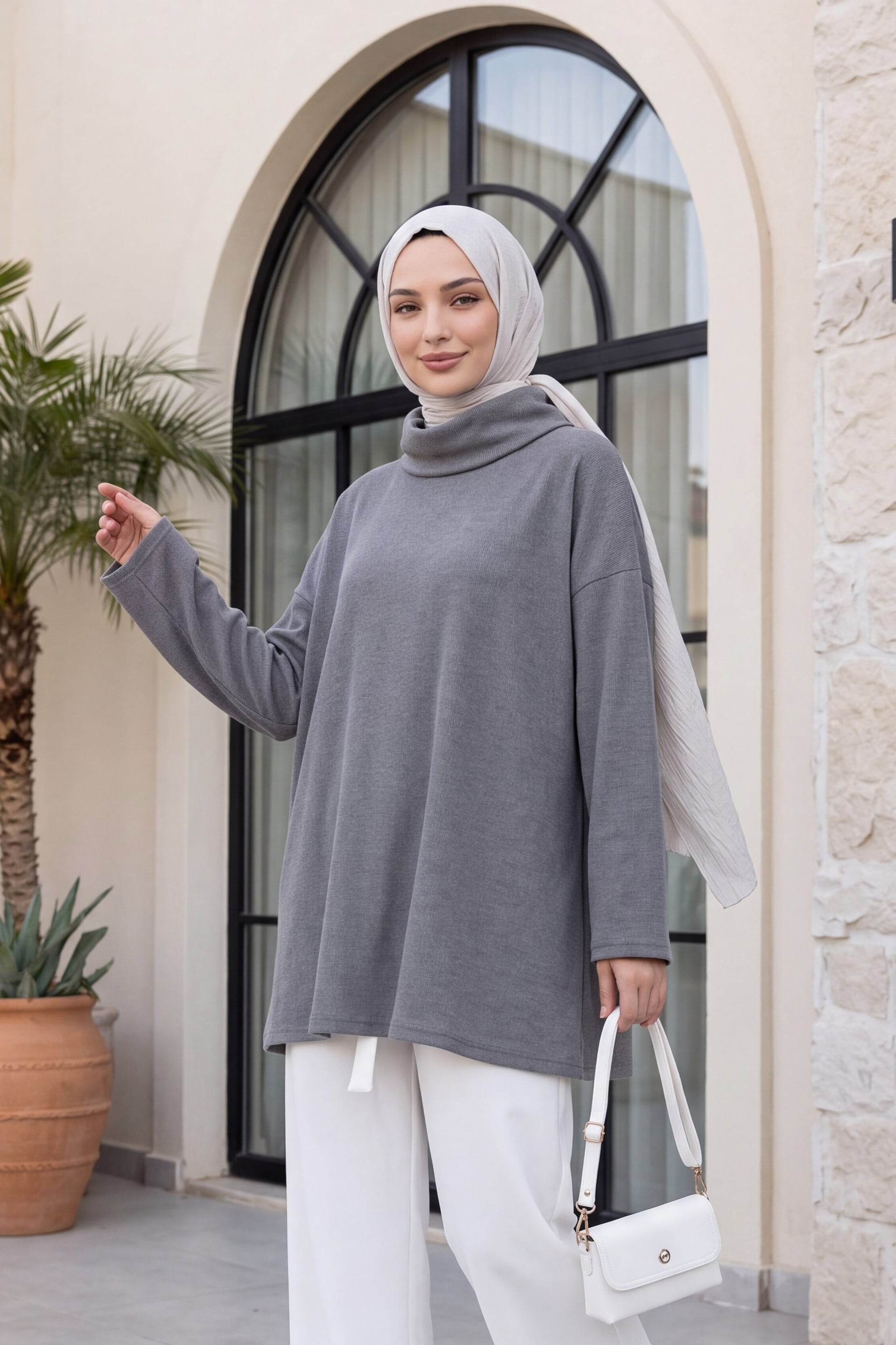 Turtleneck Slit Selanik Tunic - Grey - Podyumplus - by Peralane