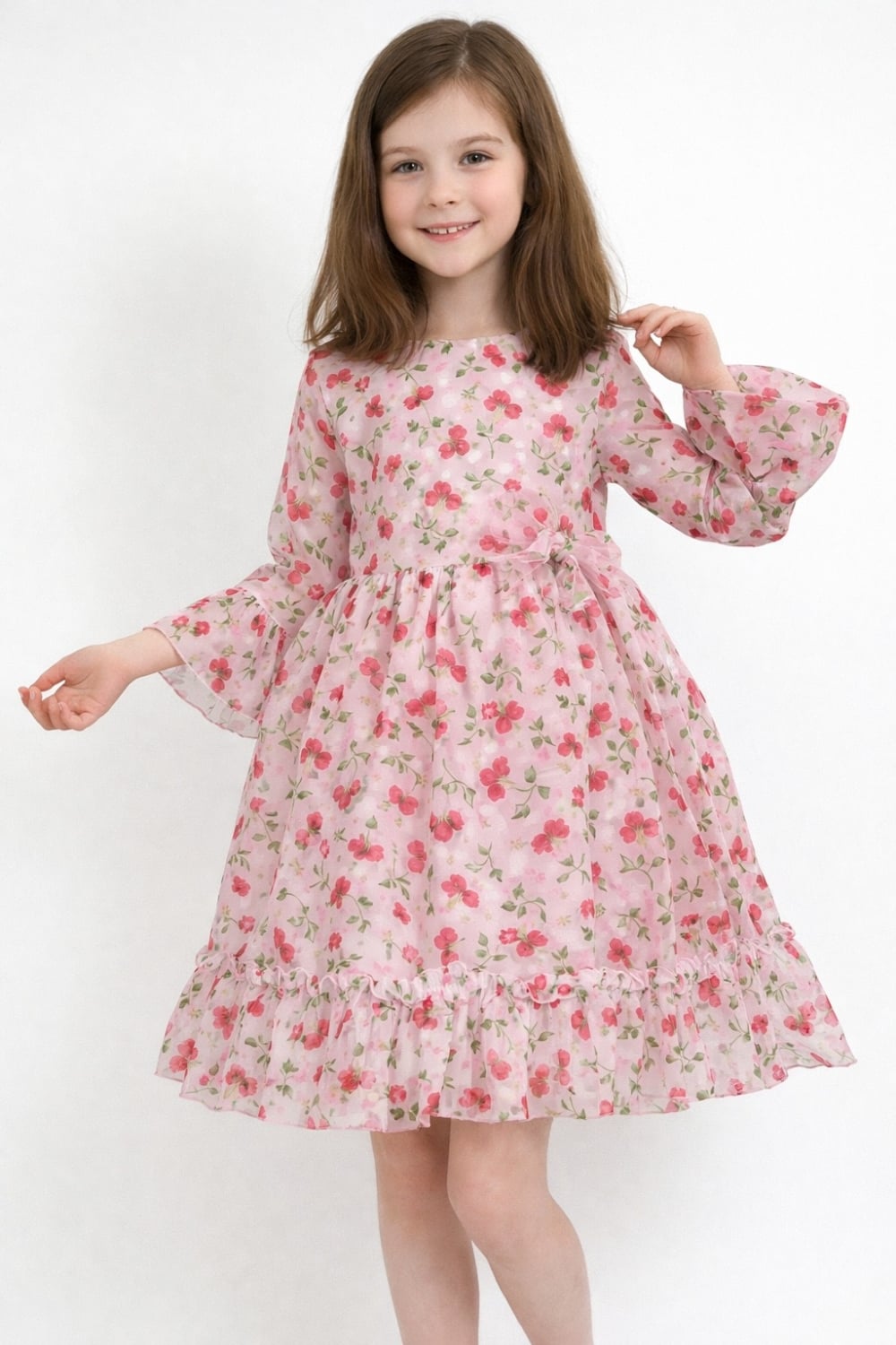 Floral Pink Girl's Dress with Bell Sleeves - 1072 - Has Bereket - by Peralane