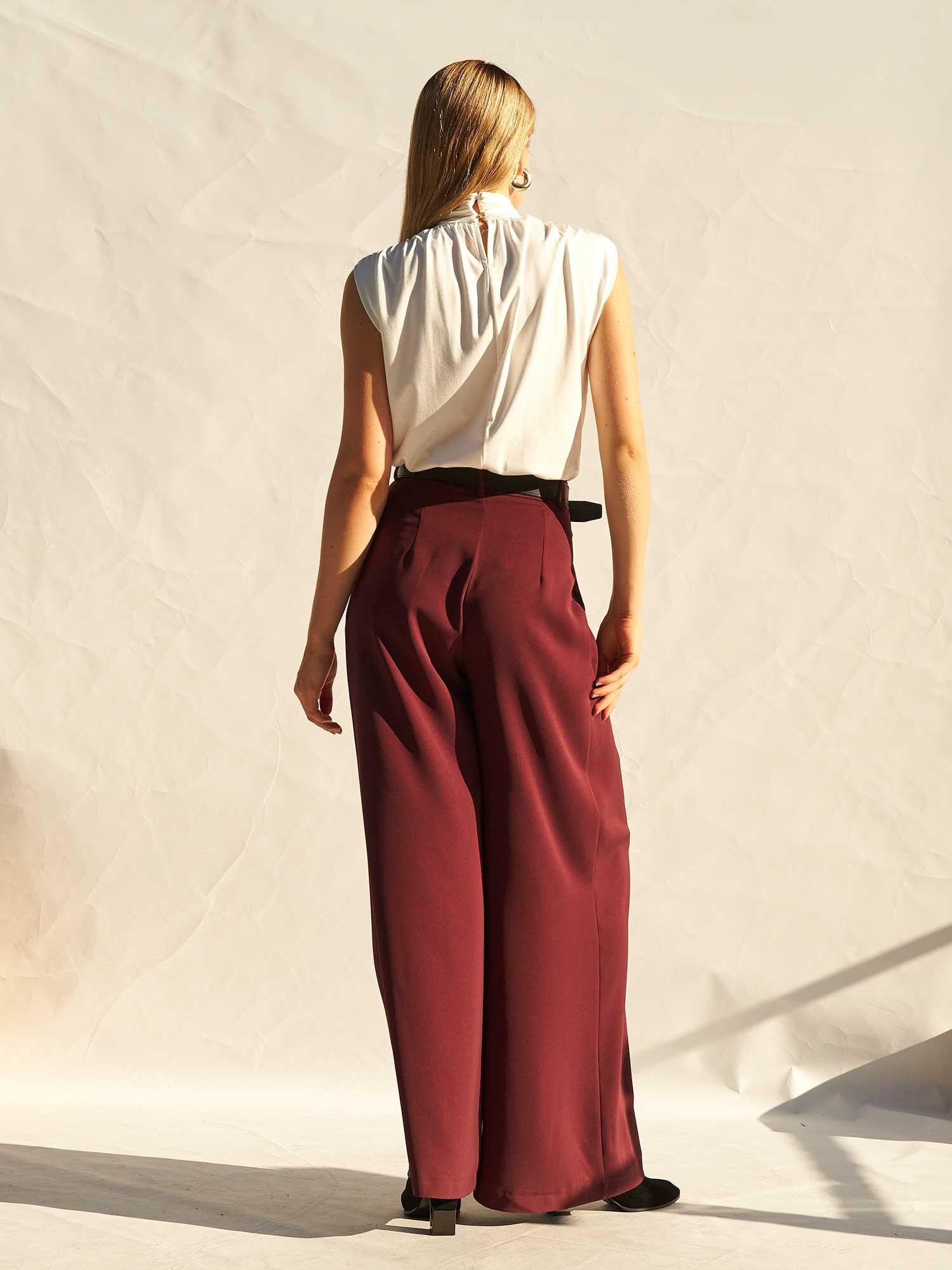 Burgundy High-Waist Pleated Palazzo Trousers with Belt - Lefon - by Peralane - photo 10