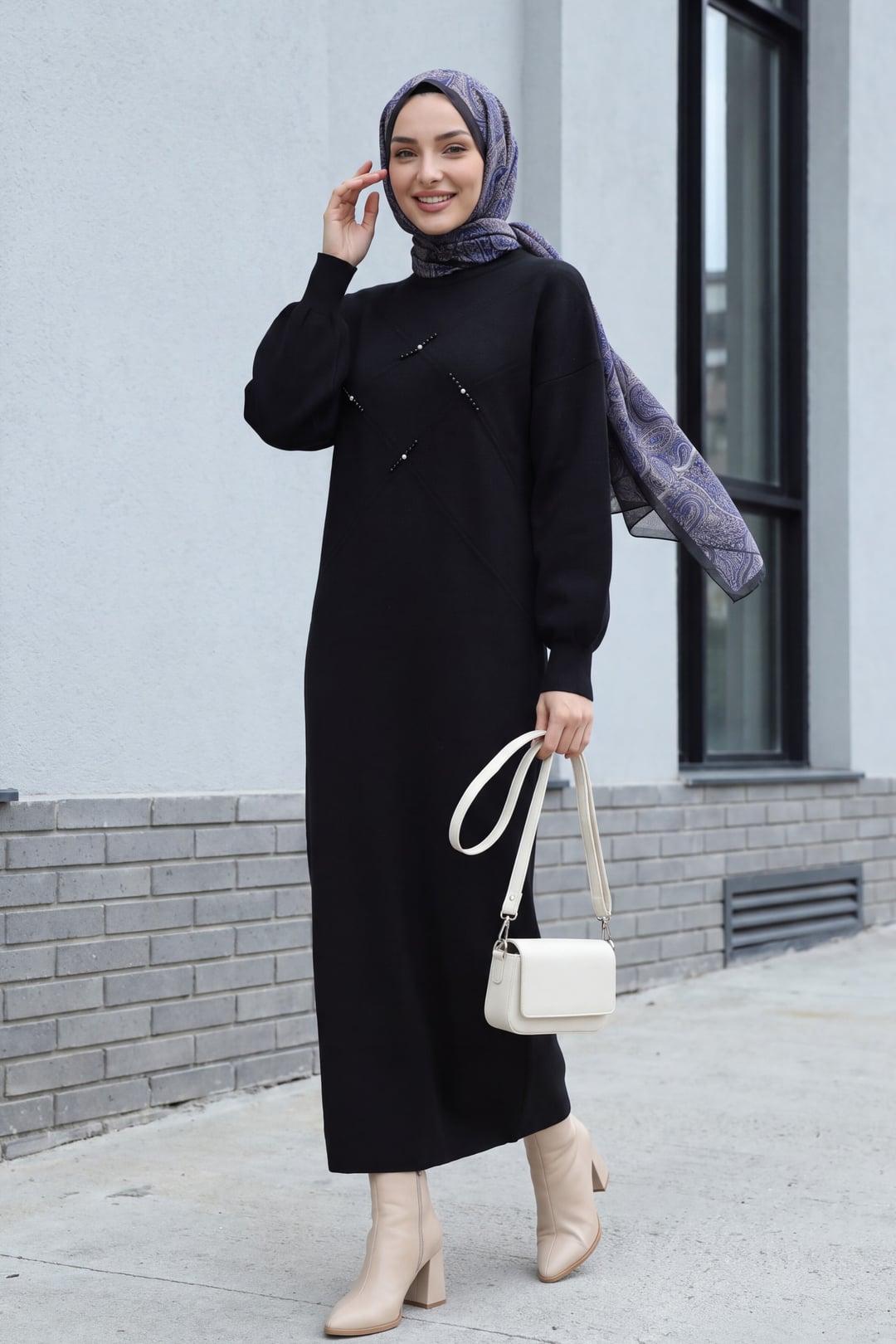 Black Embellished Patterned Knit Dress with Balloon Sleeves - Podyumplus - by Peralane - photo 2