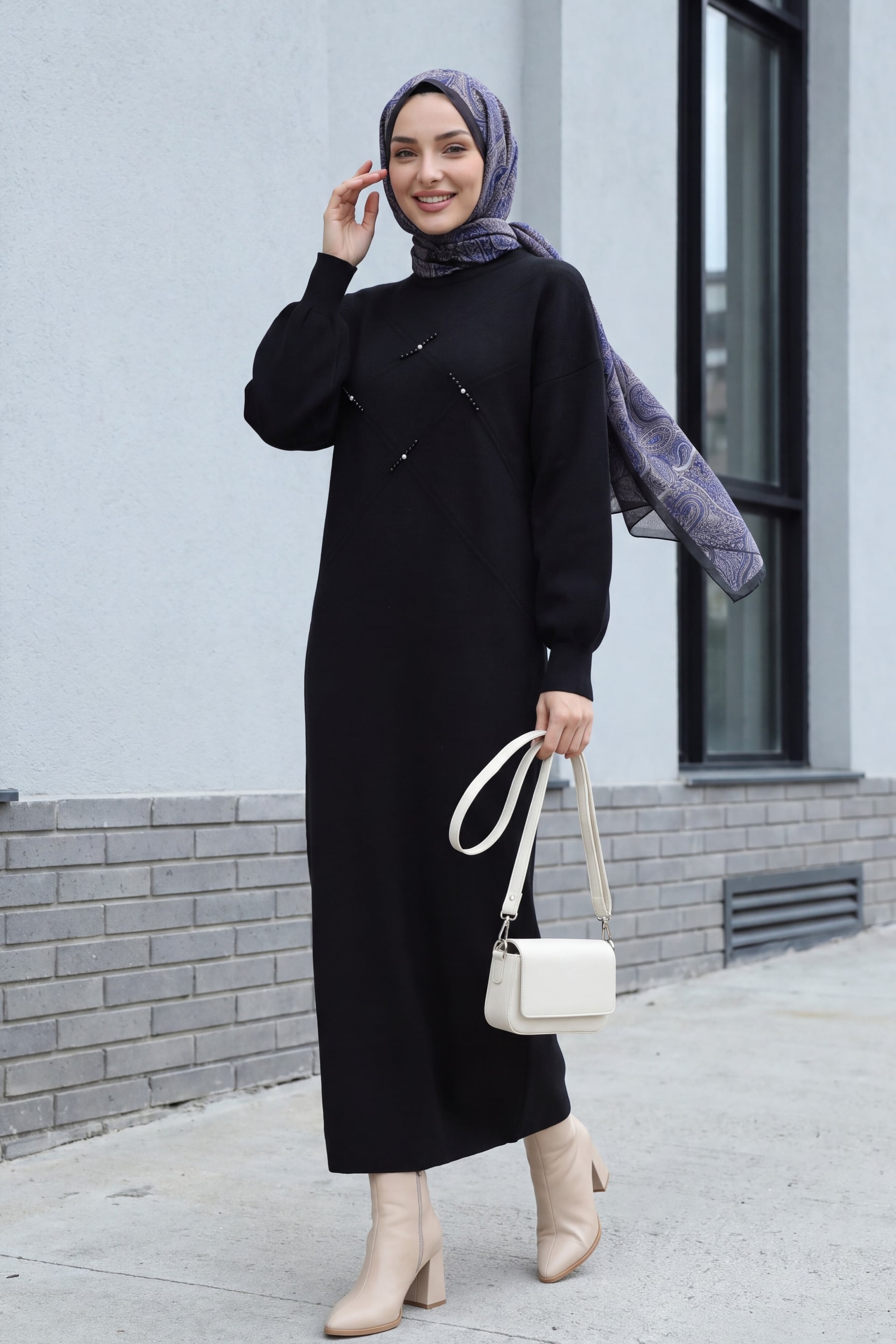 Black Embellished Patterned Knit Dress with Balloon Sleeves - Podyumplus - by Peralane - photo 2