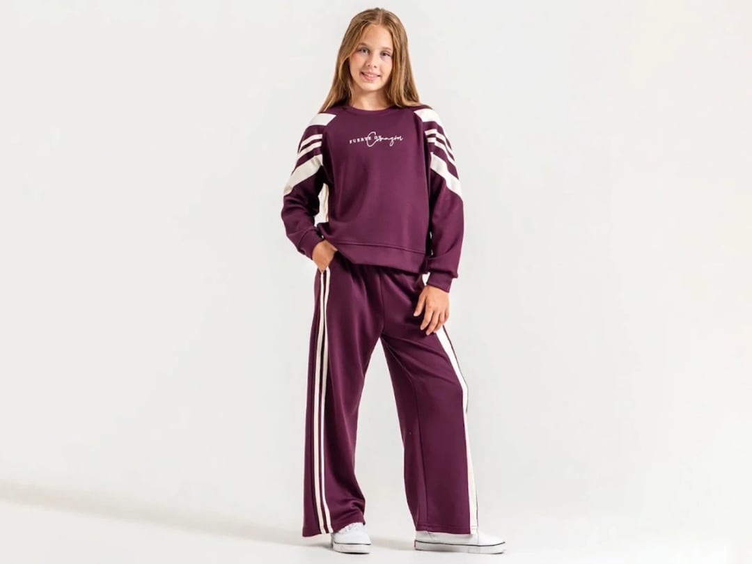 Striped Girls' Tracksuit Set with Print - Plum - ÖZ Bebe - by Peralane