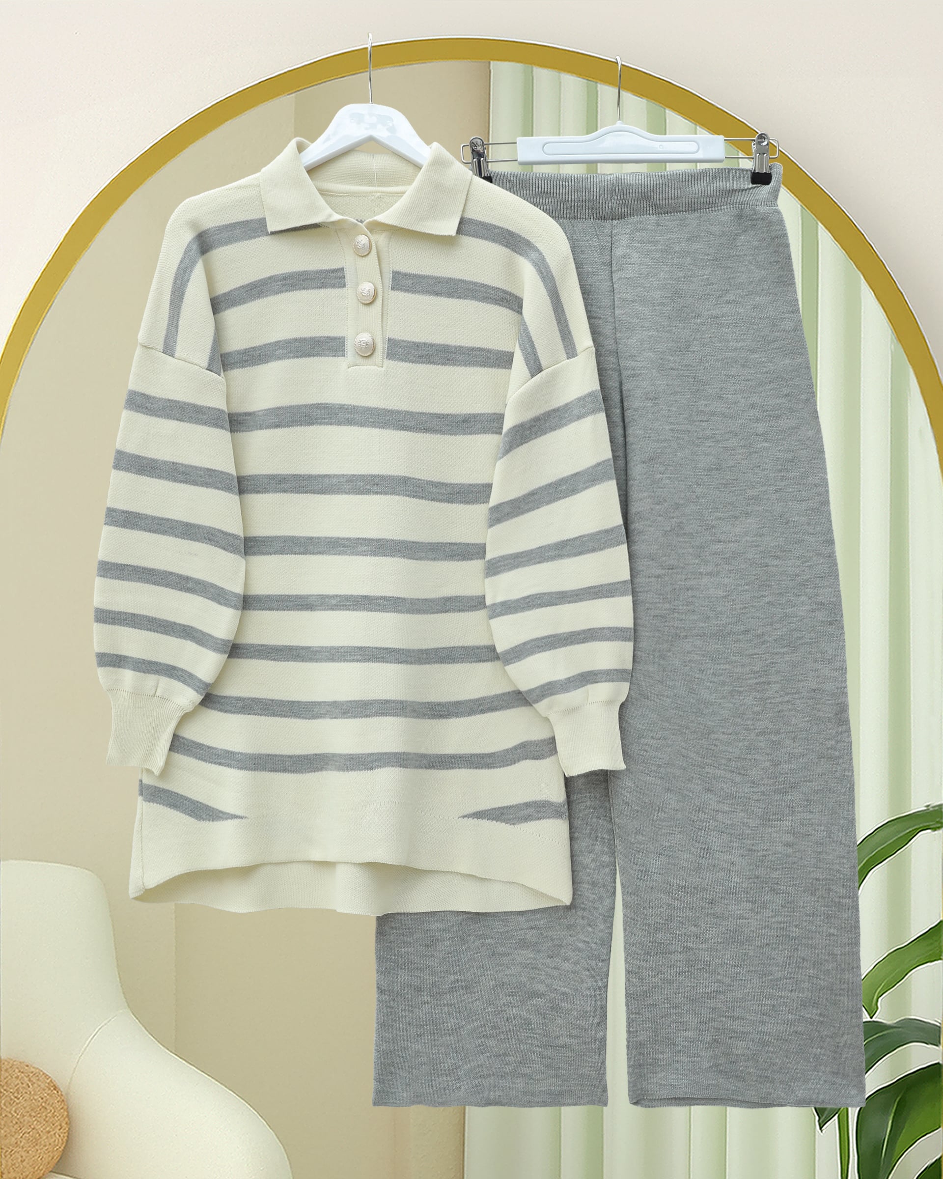 Polo Collar Striped Knit Lounge Set - Grey - Podyumplus - by Peralane - photo 3