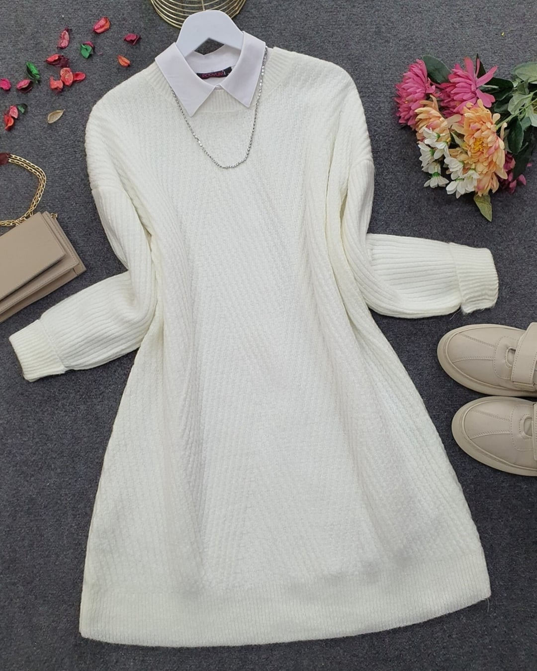 White Crew Neck Diamond Pattern Knit Tunic - Podyumplus - by Peralane - photo 4