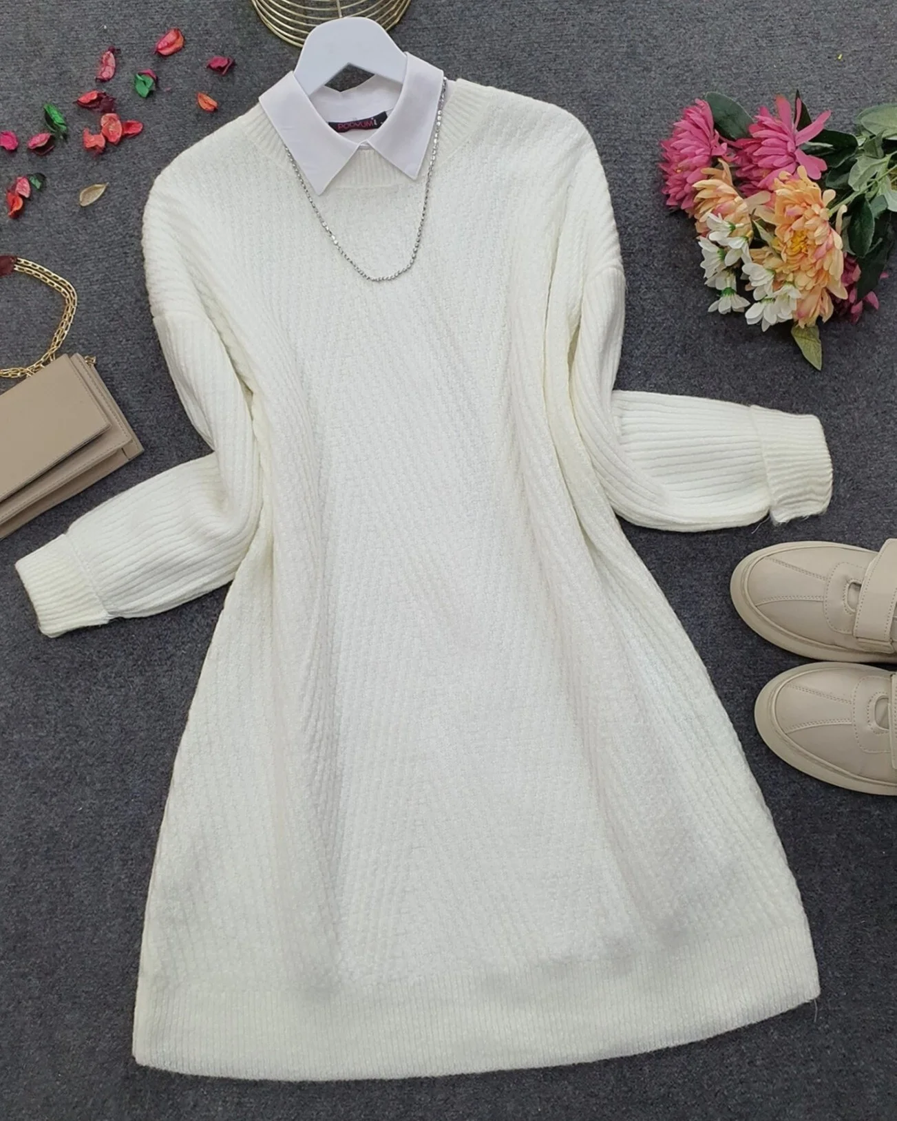 White Diamond Pattern Knit Tunic with Bicycle Neckline - Podyumplus - by Peralane - photo 4