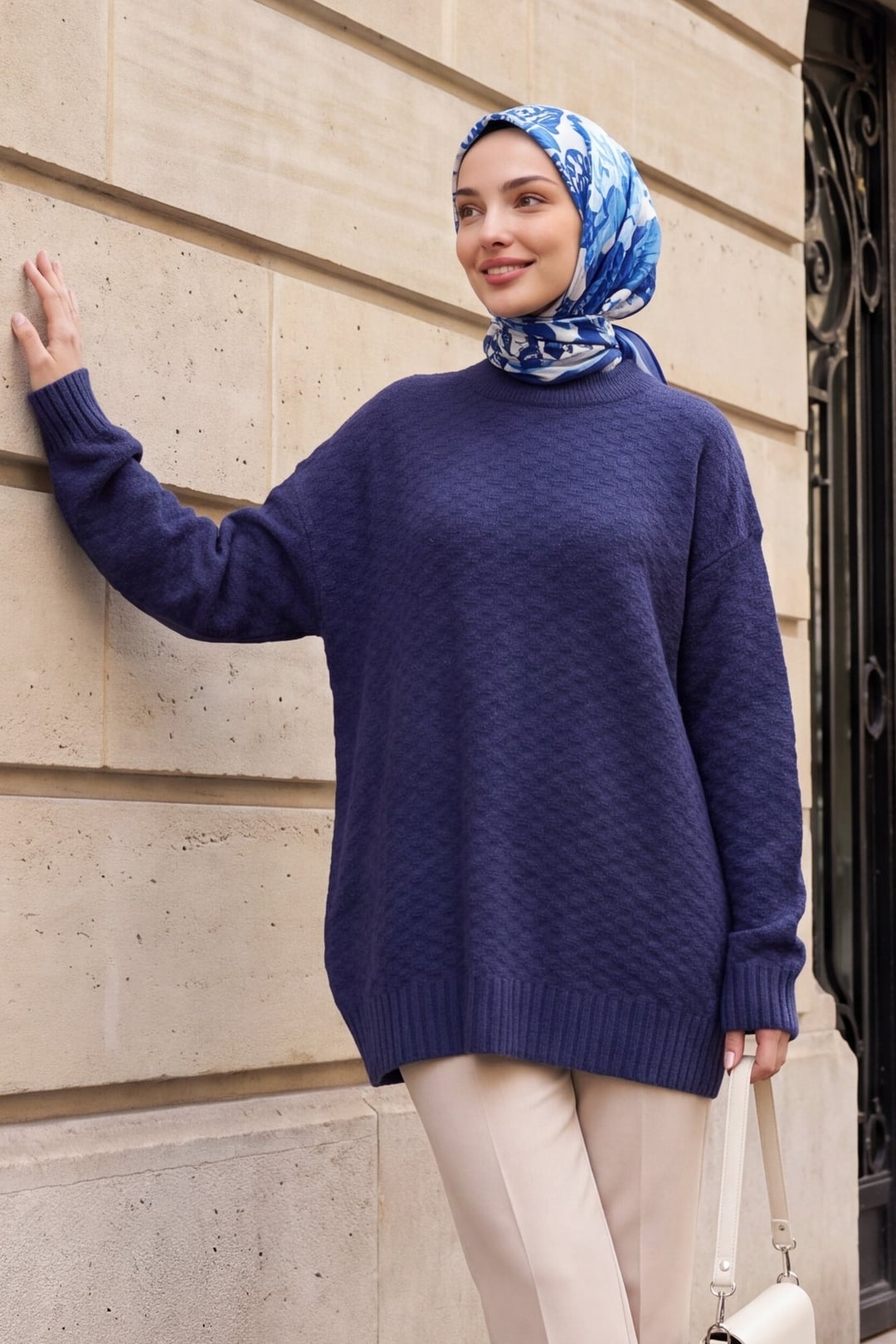 Round Neck Ribbed Hem Casual Knit Tunic - Navy - Podyumplus - by Peralane