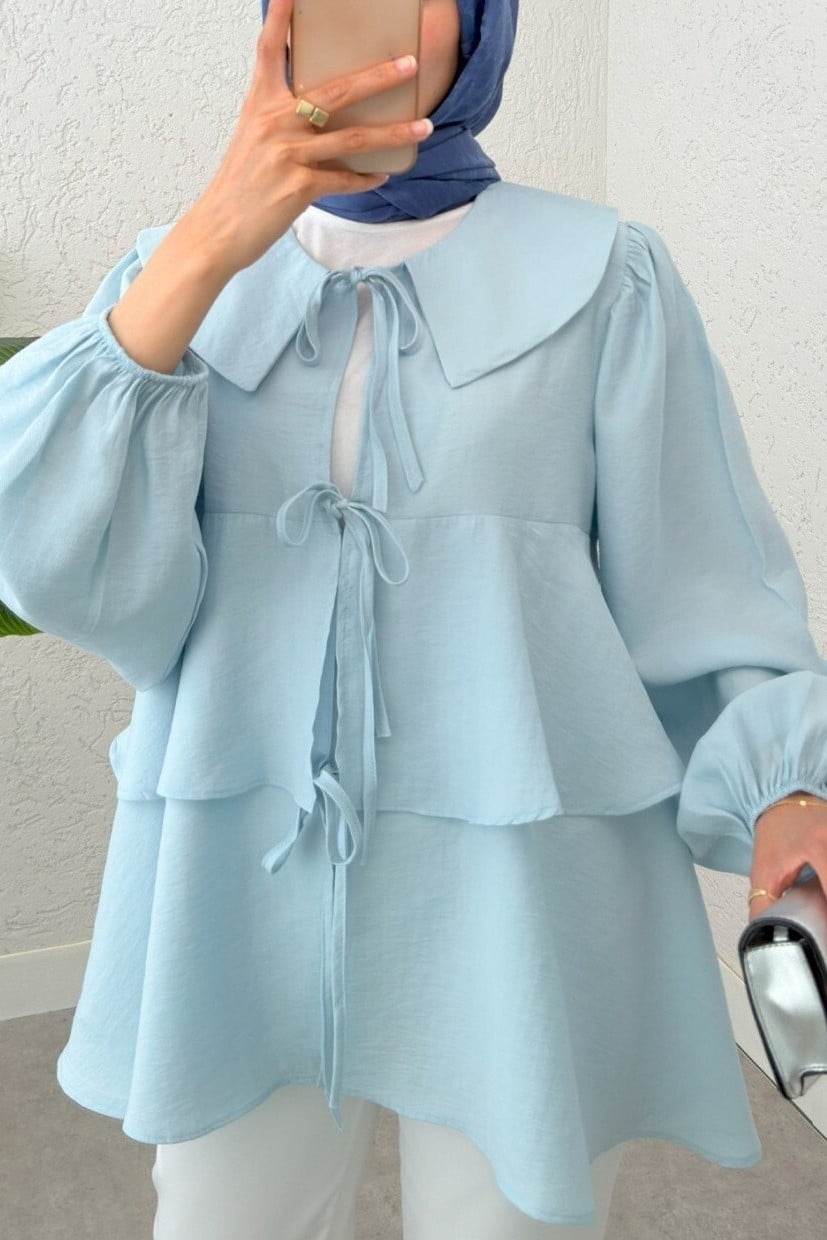 Light Blue Tie-Front Layered Peplum Kimono Blouse - Podyumplus - by Peralane