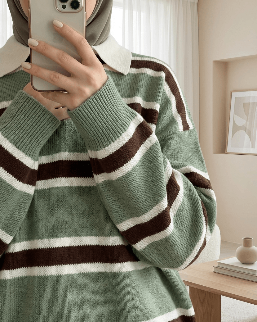 Polo Collar Buttoned Striped Knit Sweater - Green - Podyumplus - by Peralane - photo 2