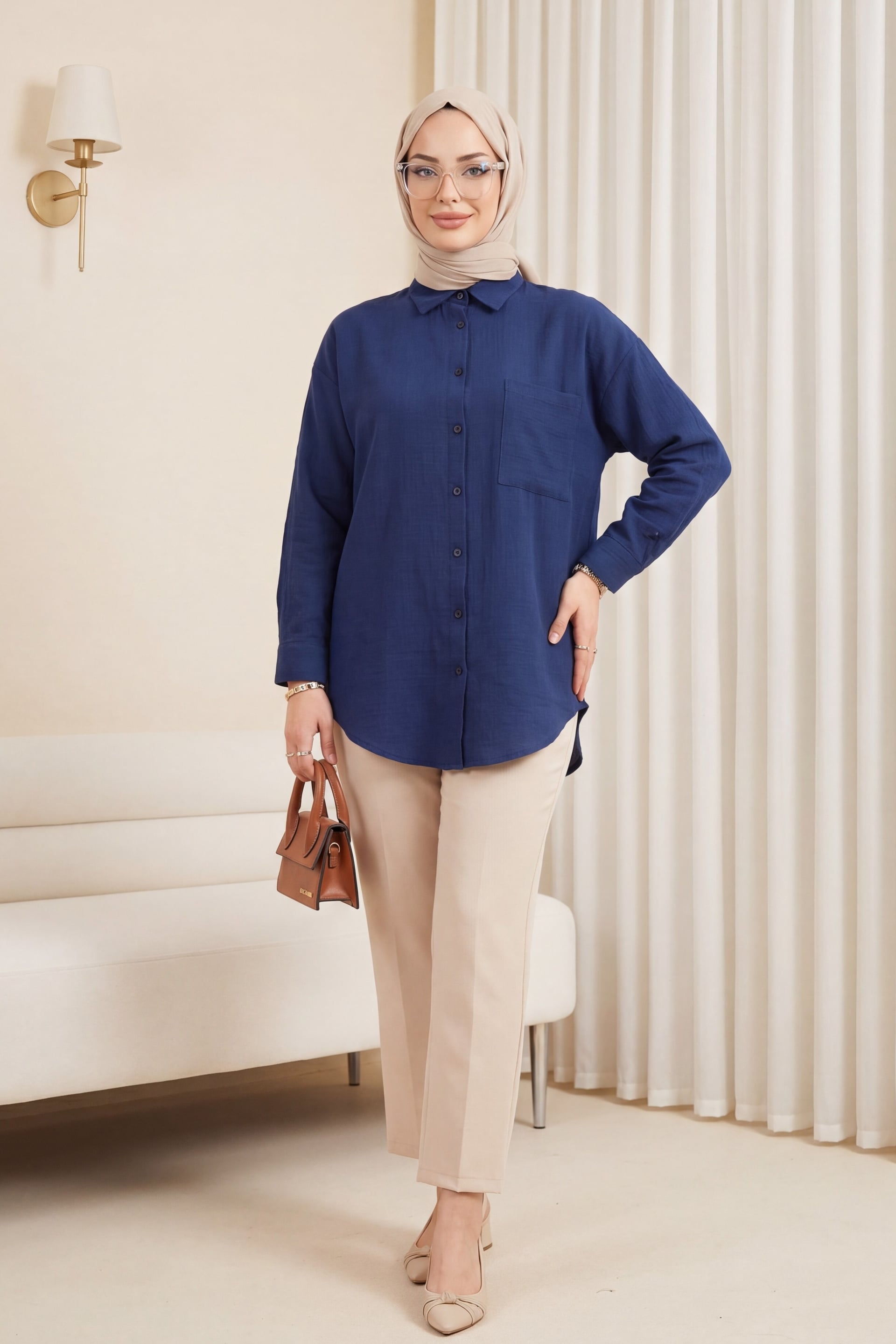 Oval Cut Muslin Blouse - Navy Blue - Podyumplus - by Peralane - photo 2