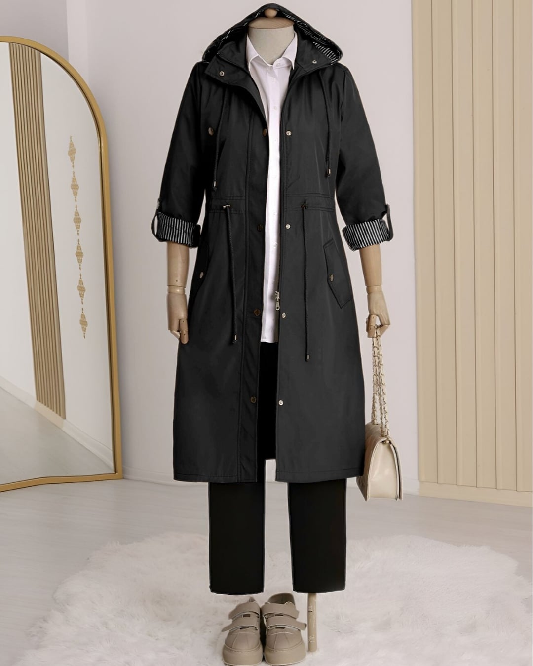 Black Hooded Trench Coat with Striped Lining - Podyumplus - by Peralane - photo 5