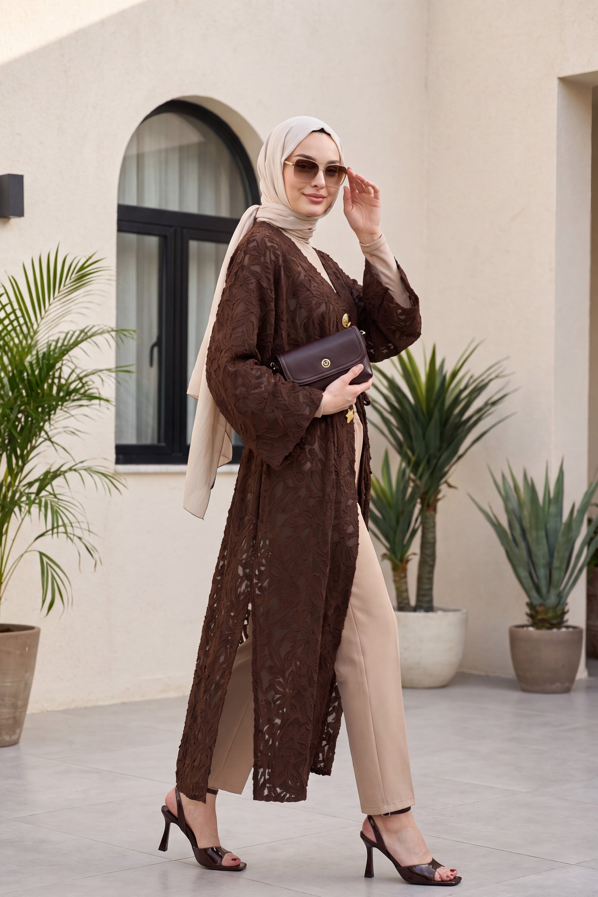 Long Kimono Cardigan with Wide Sleeves and Brooch Detail - Brown - Podyumplus - by Peralane - photo 5