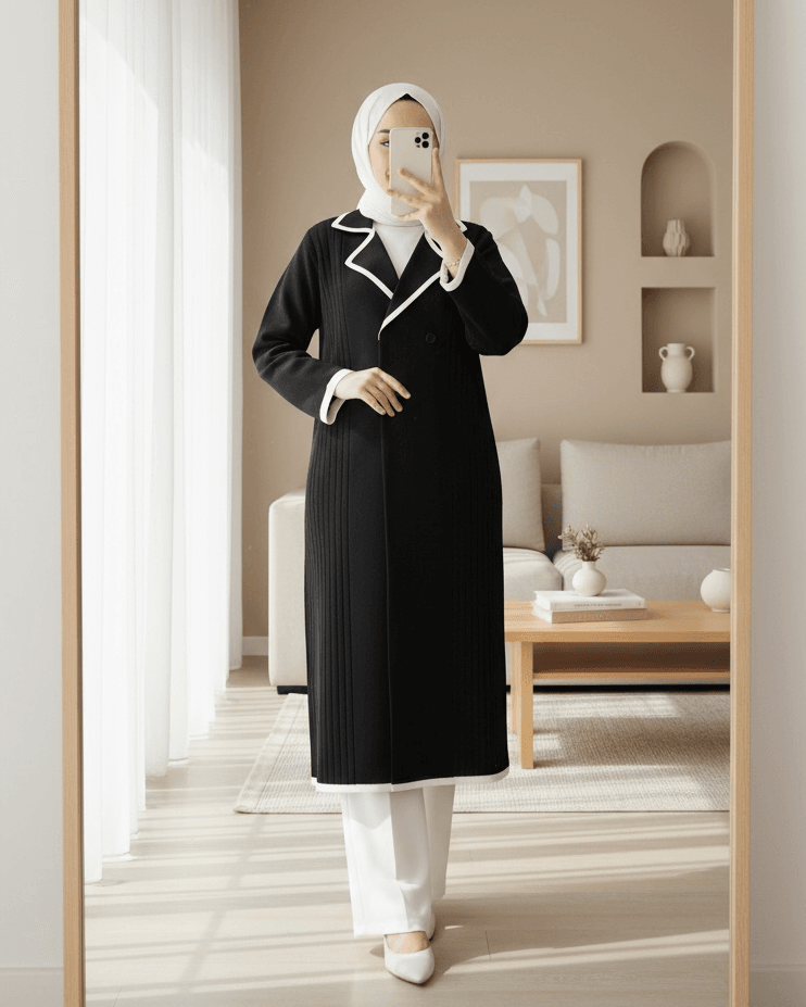 Long Knit Cardigan with Snap Front and Pockets - Black - Podyumplus - by Peralane - photo 2