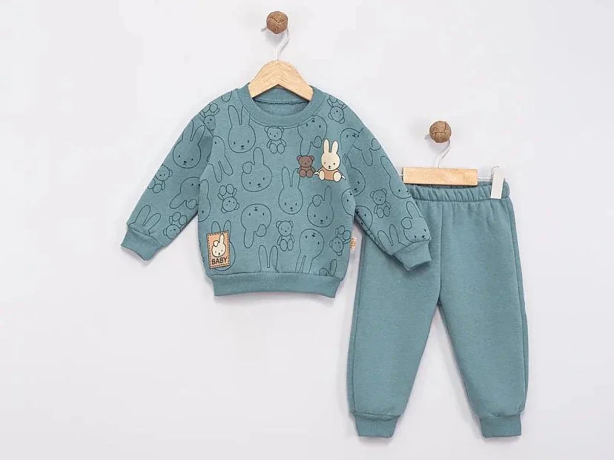 Baby Girls' Bunny Print Brushed Cotton Sweatshirt and Trousers Set - Blue - Feely Kids - by Peralane