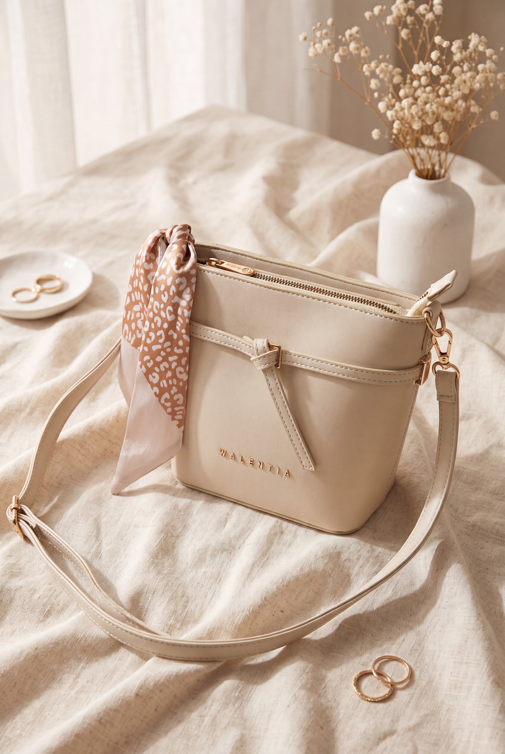 Belt and Scarf Detail Strap Basket Bag - Cream - Podyumplus - by Peralane