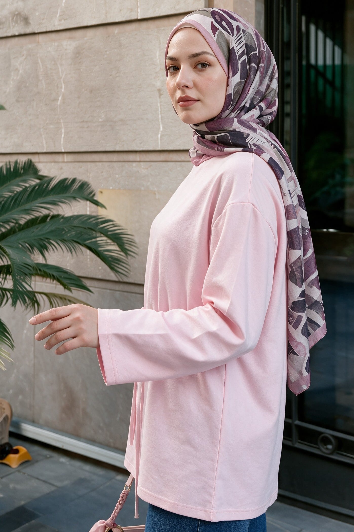 Round Neck Tie-Waist Jersey Tunic - Powder Pink - Podyumplus - by Peralane - photo 2