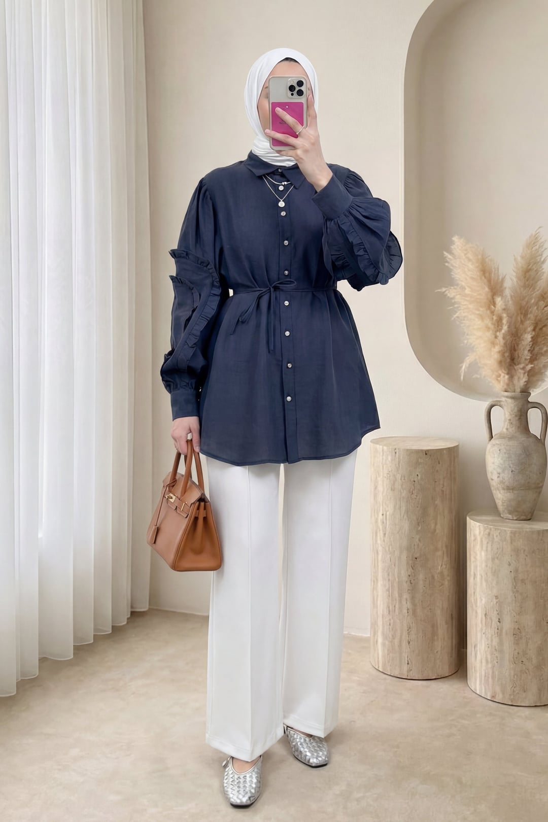 Women's Navy Blue Ruffle Sleeve Blouse with Stone Buttons and Tie Front - Podyumplus - by Peralane - photo 3