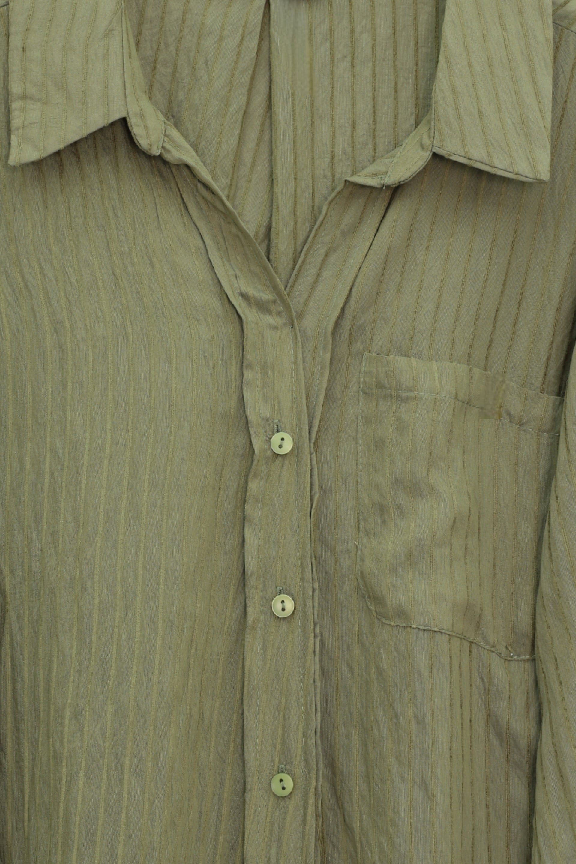 V-Neck Single Pocket Tencel Semi-Transparent Striped Blouse - Khaki - Podyumplus - by Peralane - photo 4