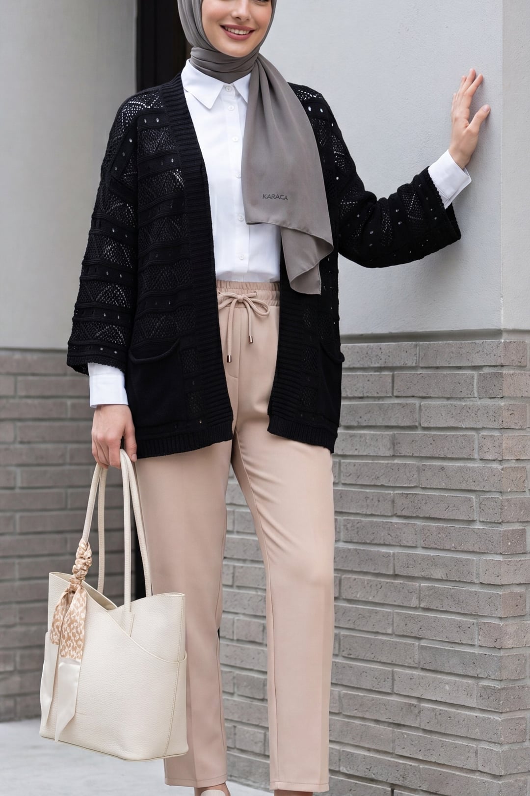 Black Open-Knit Spanish-Sleeve Cardigan with Double Pockets - Podyumplus - by Peralane - photo 2
