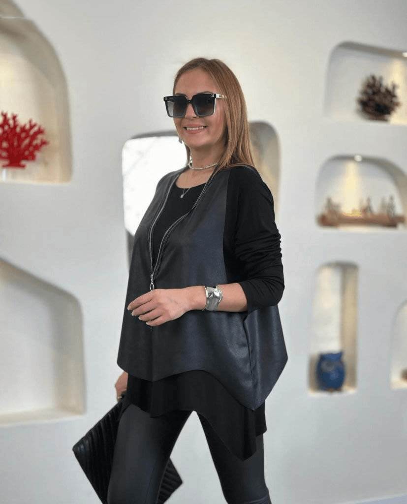 Women's Long-Sleeved Asymmetric Cut Viscose Blouse and Cracked Leather-Look Vest Two-Piece Set - Janes - by Peralane - photo 3