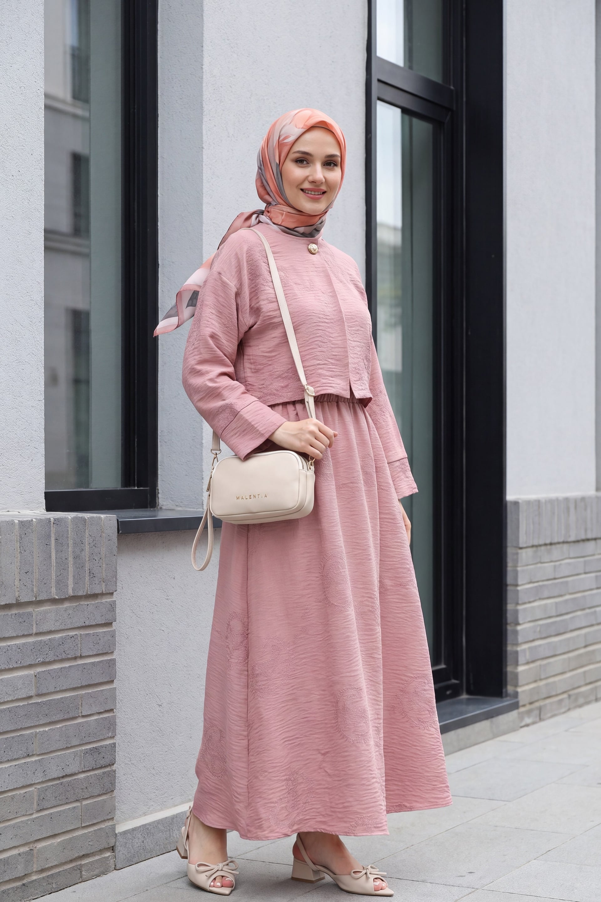 Dusty Rose Two-Piece Modest Set with Embroidered Skirt and Cropped Jacket - Podyumplus - by Peralane