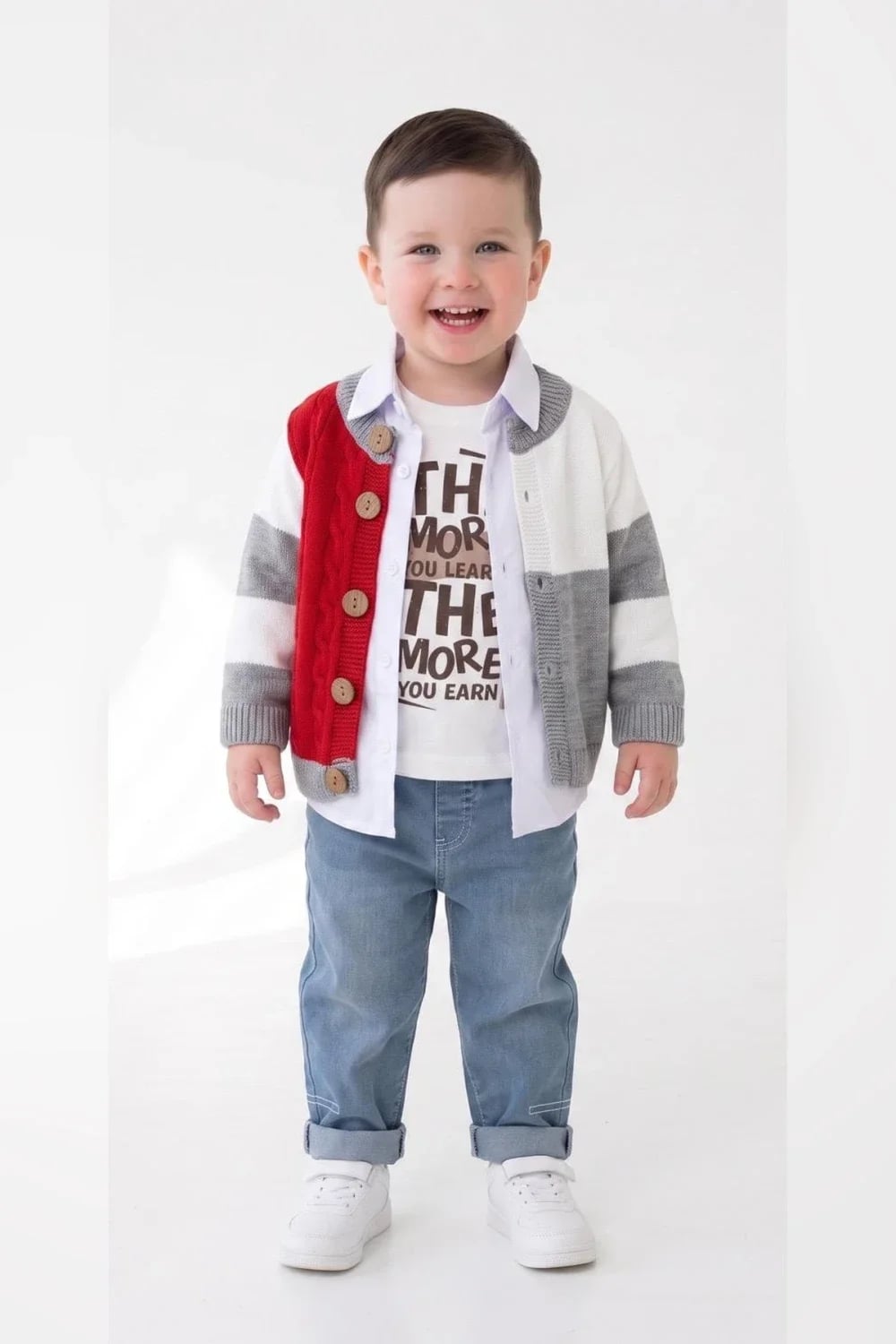 Kids' 4-Piece Colorblock Cardigan Outfit Set with Shirt and Denim Pants - Has Bereket - by Peralane