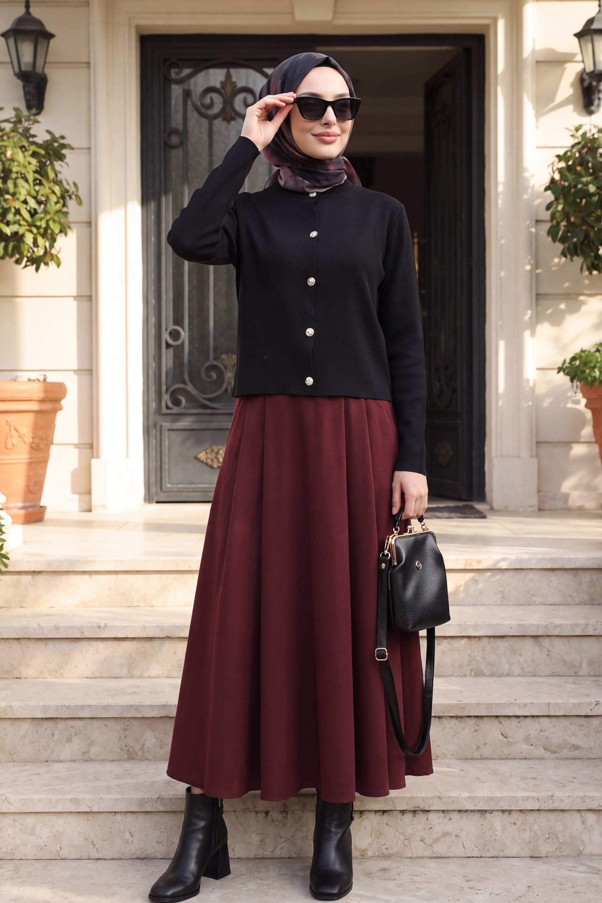 Buttoned Round Neck Knit Cardigan - Black - Podyumplus - by Peralane - photo 4