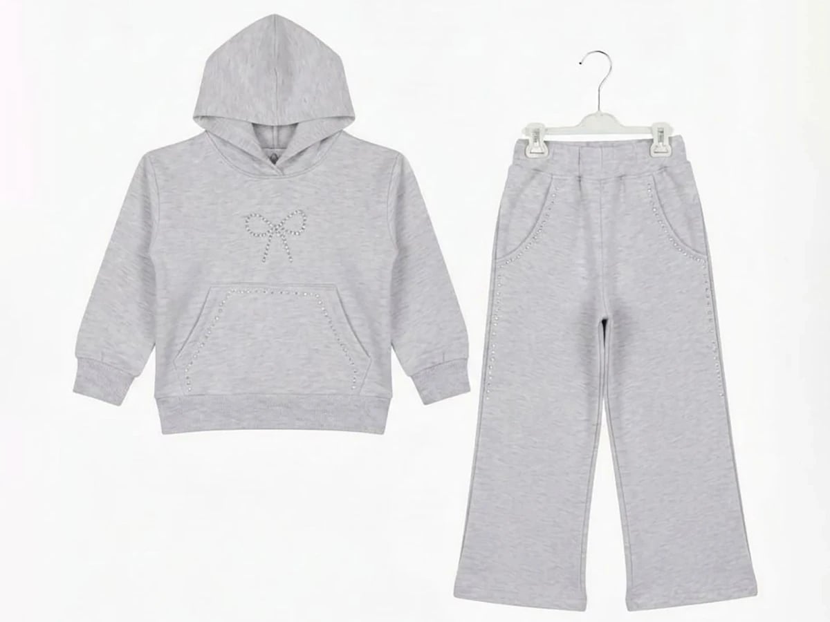 Girls' Hooded Sweatshirt and Trousers Set with Bow Rhinestone Details - Light Grey - CMK - by Peralane