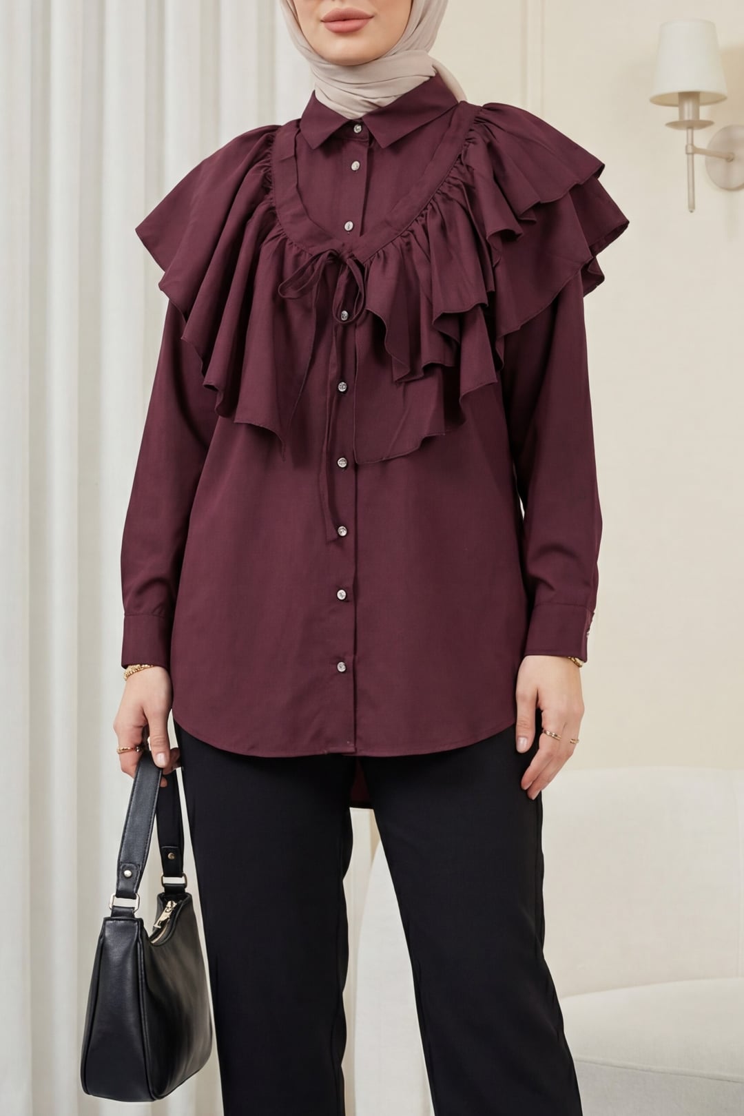 Cape Detail Buttoned Oval Cut Poplin Tunic - Burgundy - Podyumplus - by Peralane - photo 3