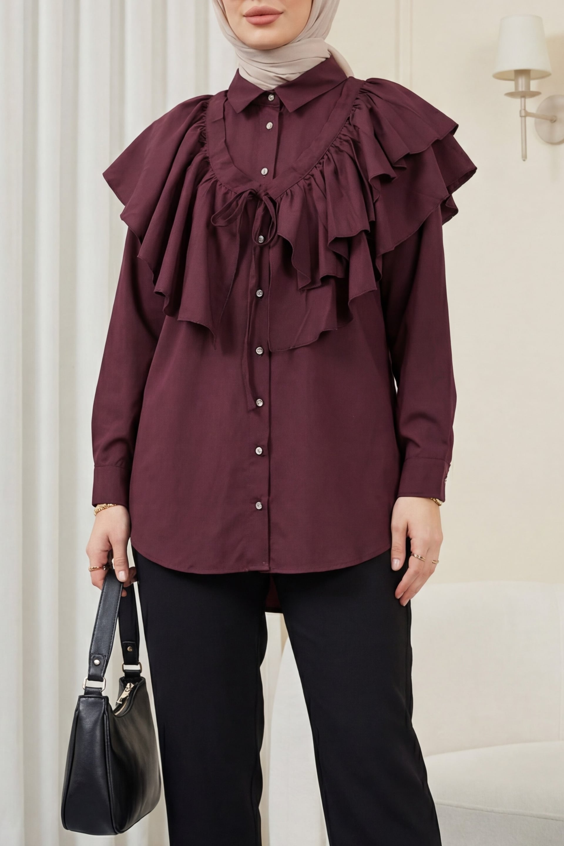 Cape Detail Buttoned Oval Cut Poplin Tunic - Burgundy - Podyumplus - by Peralane - photo 3