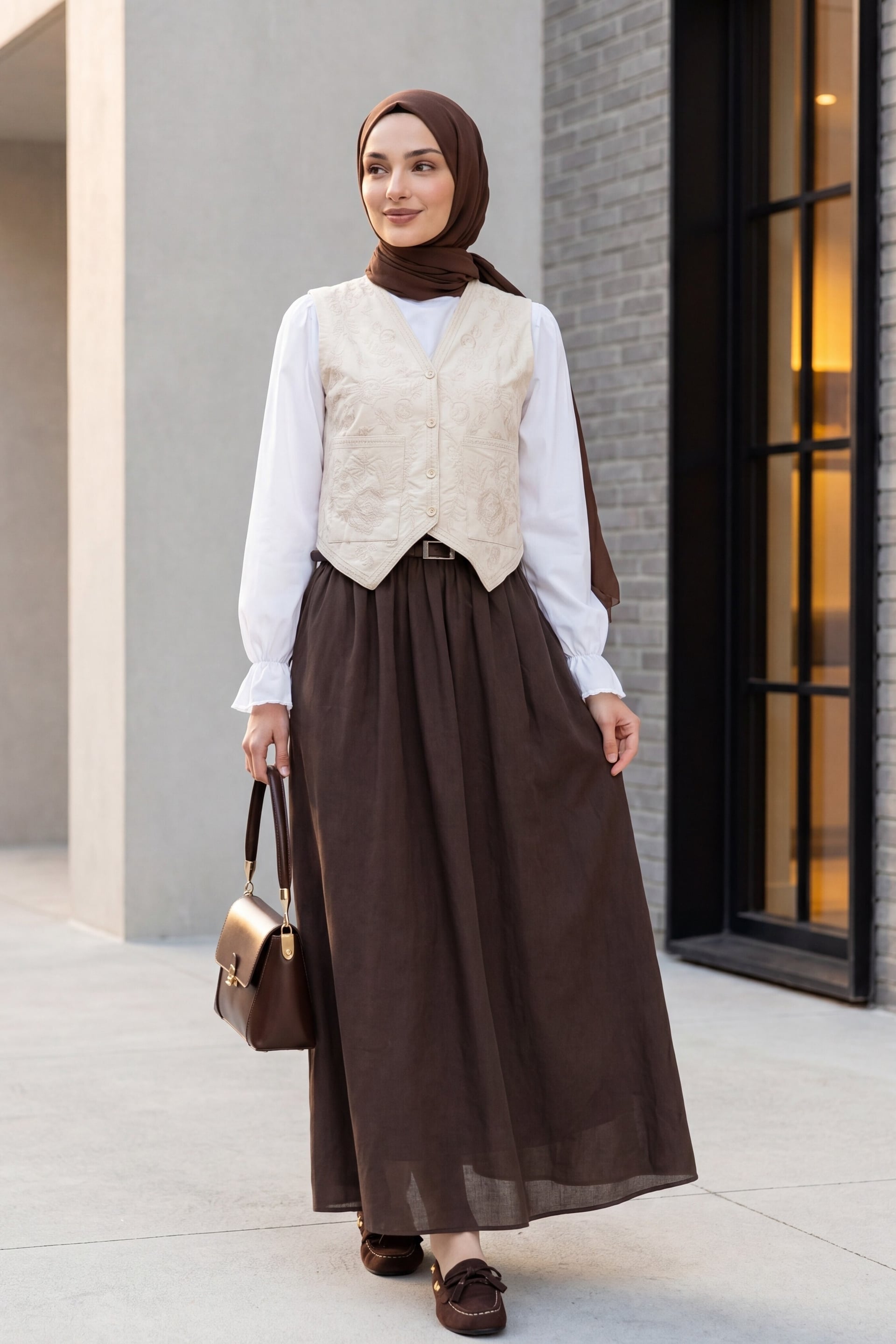 Double Pocket Button Embroidered Asymmetric Cut Linen Vest - Beige - Podyumplus - by Peralane - photo 7