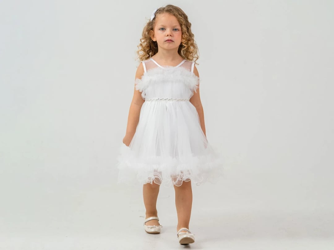 Girl's White Ruffled Tulle Party Dress - Mertoglu Kids - by Peralane