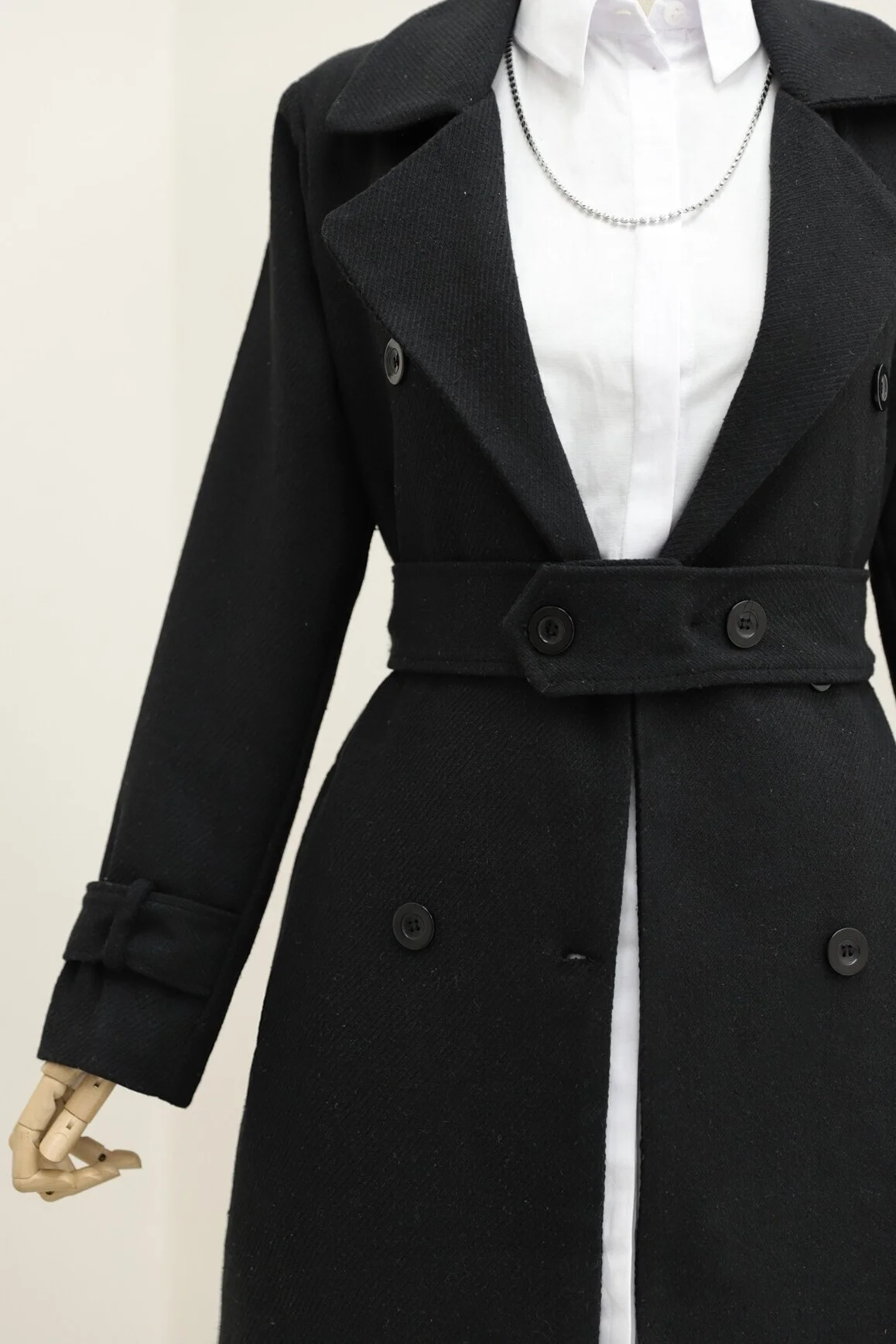 Women's Black Belted Lined Coat with Lapel Collar - Podyumplus - by Peralane - photo 5