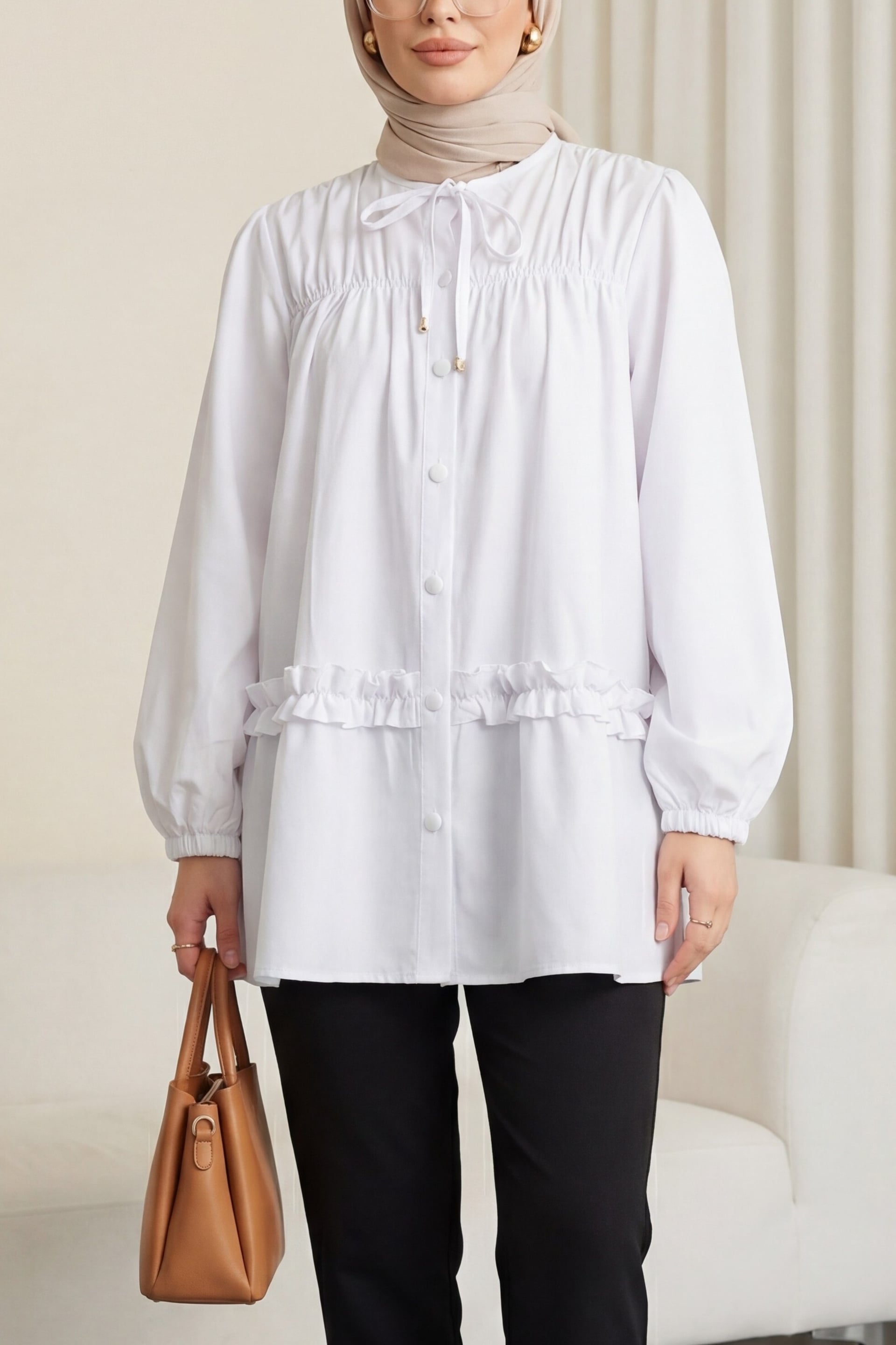 Ruffled Poplin Tunic with Smocked Yoke and Button Front - White - Podyumplus - by Peralane