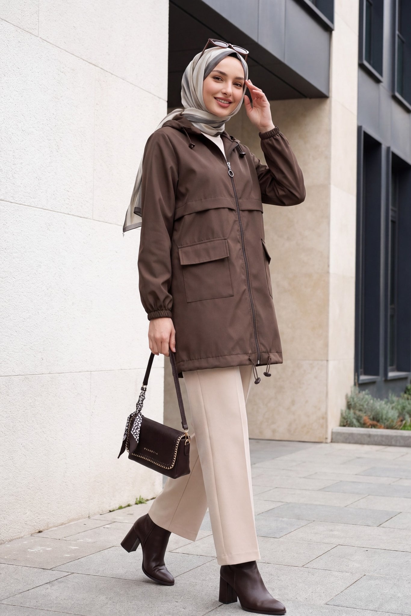 Women's Hooded Zip-Up Raincoat with Flap Pockets - Dark Brown - Podyumplus - by Peralane - photo 6