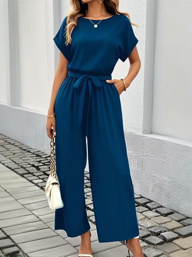 Women's Short Sleeve Round Neck Elastic Waist Pocket Jumpsuit - Janes - by Peralane - photo 3