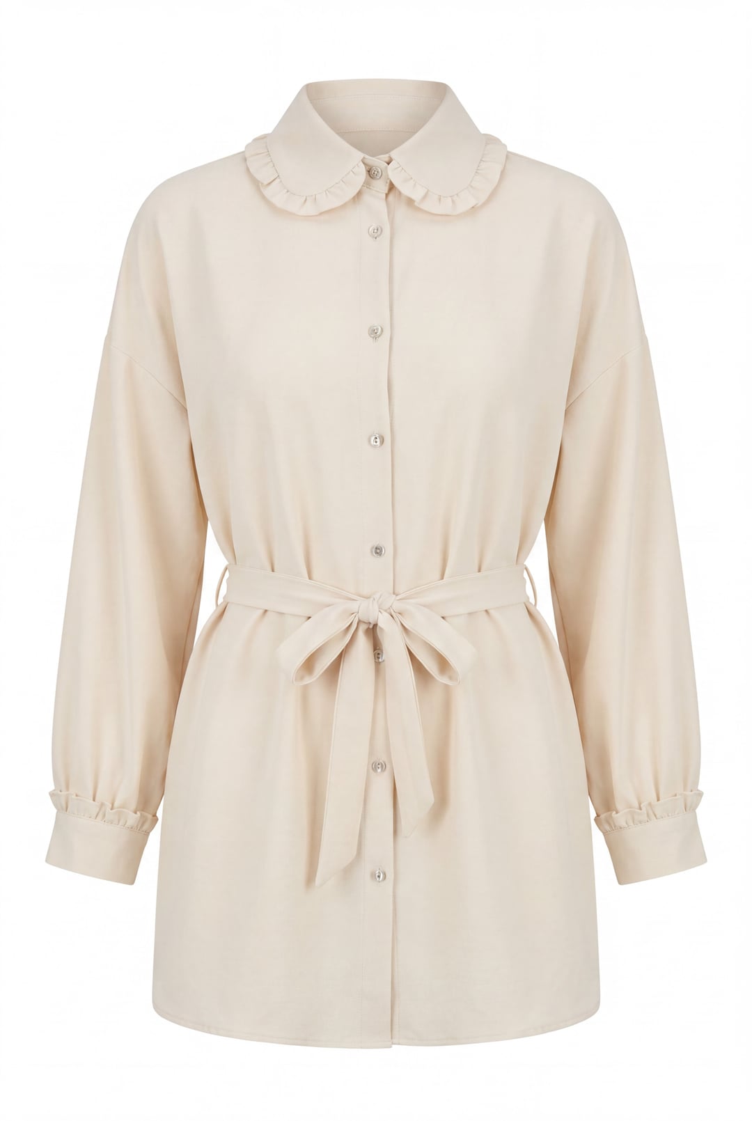 Stone Button Bow Peter Pan Collar Imported Crepe Tunic - Beige - Podyumplus - by Peralane - photo 5