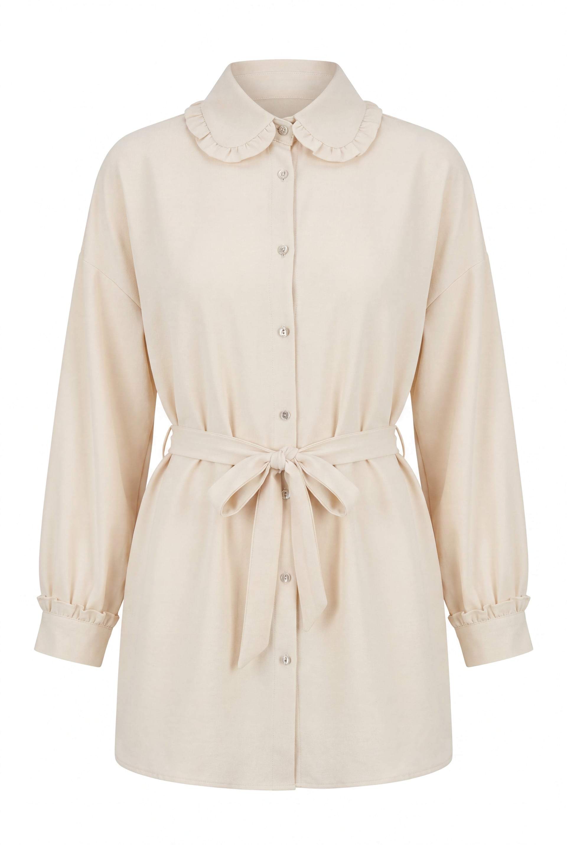 Stone Button Bow Peter Pan Collar Imported Crepe Tunic - Beige - Podyumplus - by Peralane - photo 5
