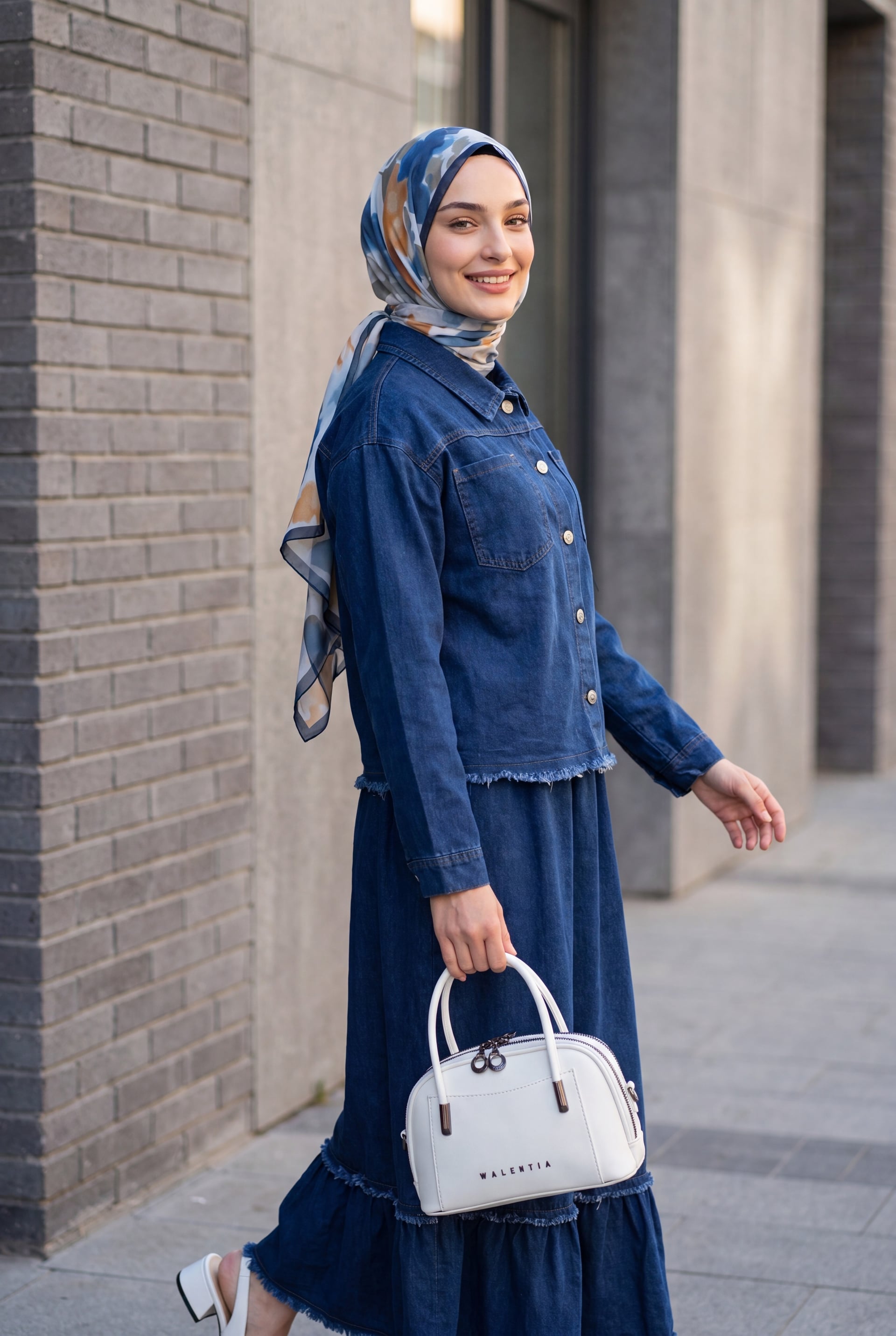 Women's Denim Shirt Collar Button-Front Jacket and Tiered Ruffle Skirt Set - Indigo - Podyumplus - by Peralane - photo 4