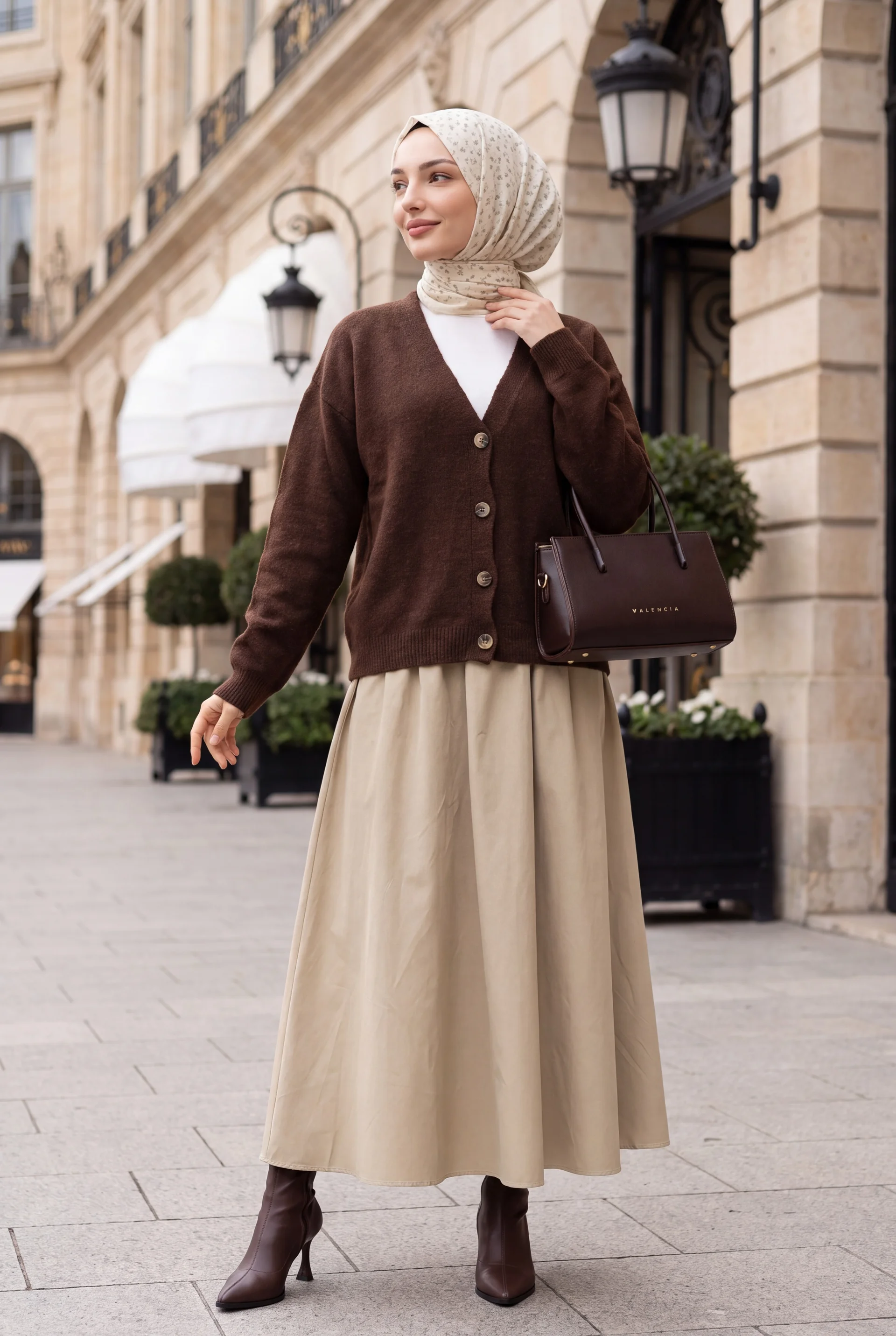 Button-Front V-Neck Soft Knit Cardigan - Brown - Podyumplus - by Peralane - photo 3