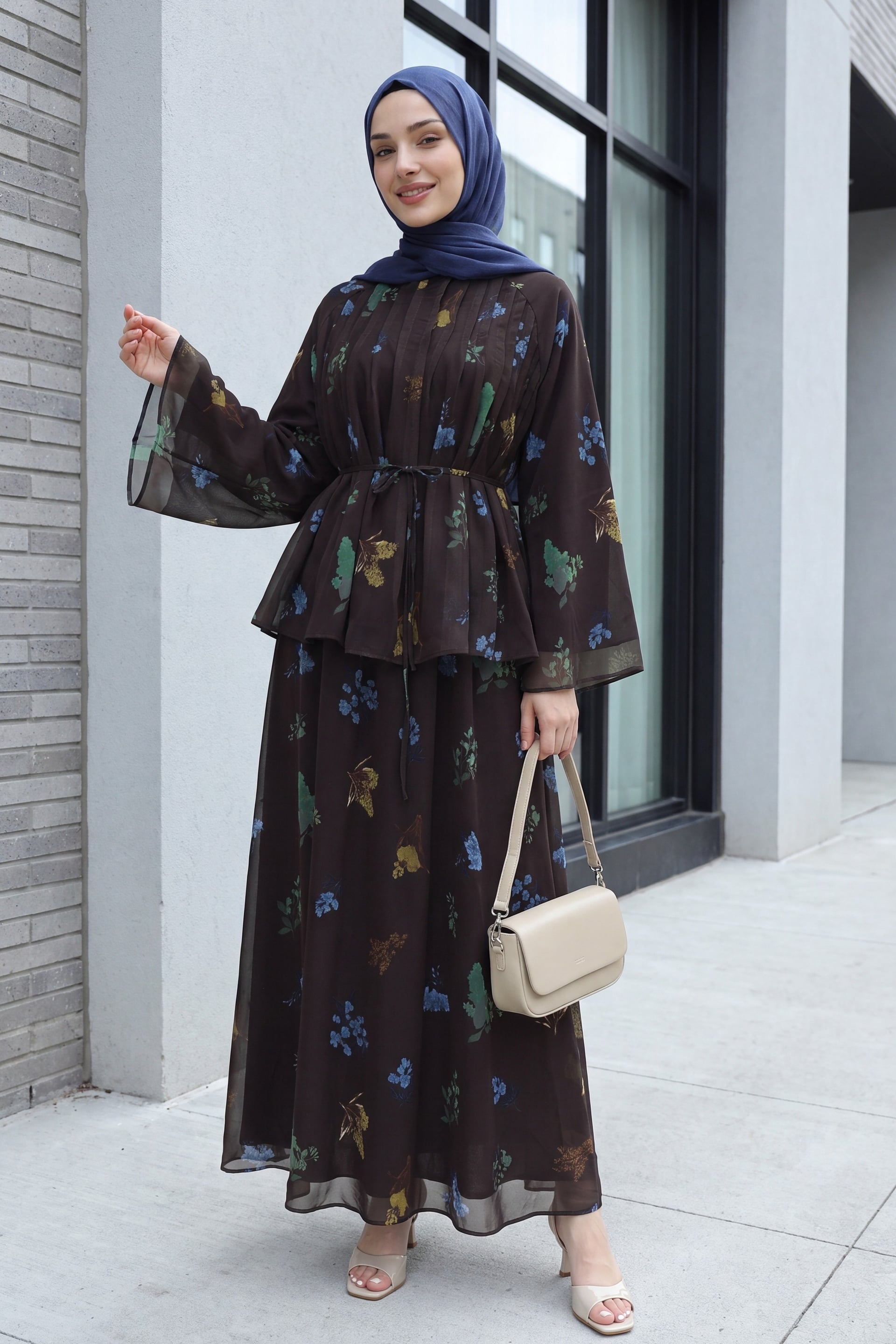 Women's Floral Print Chiffon Two-Piece Set with Spanish Sleeves and Belt - Podyumplus - by Peralane - photo 3