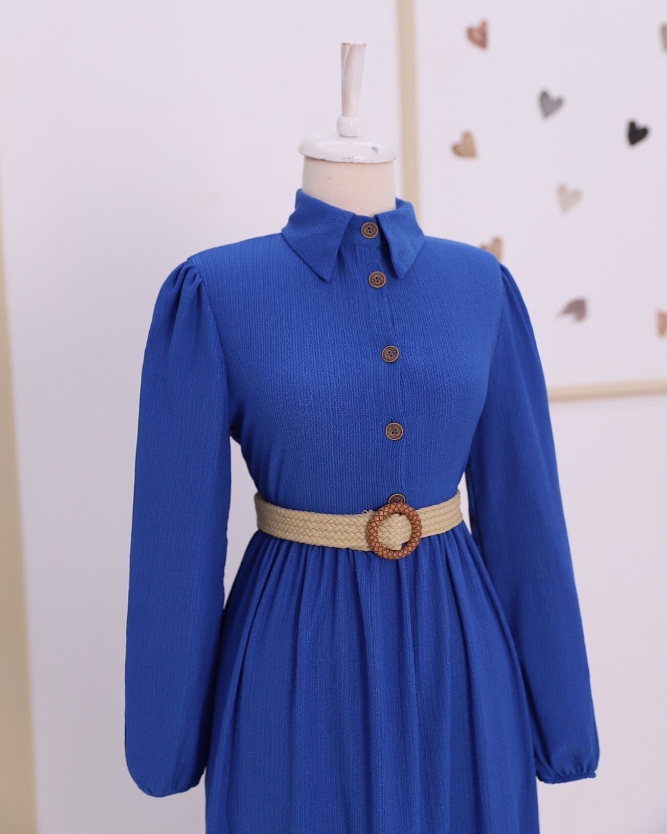Half-Button Belted Crinkle Dress in Dark Blue - Podyumplus - by Peralane - photo 4