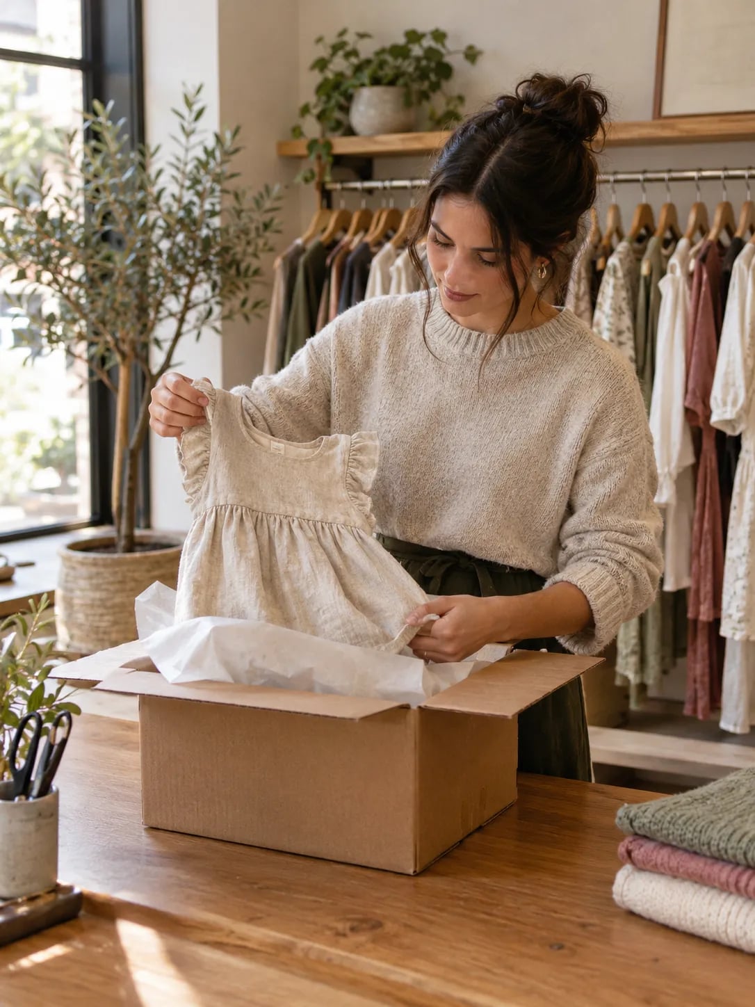 A boutique owner unpacking a children's dress from a delivered carton