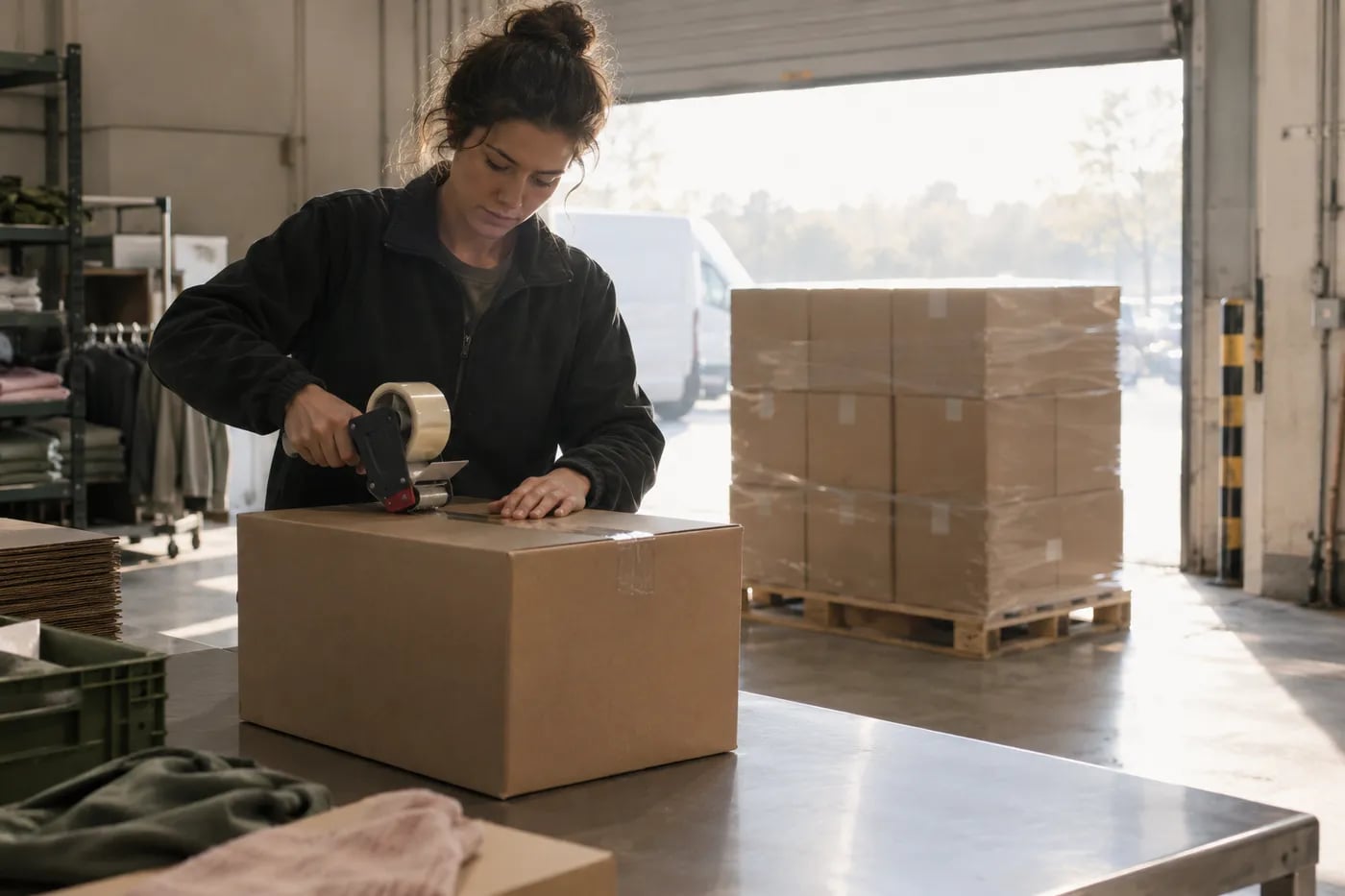 A carton being sealed in the dispatch bay, next to a pallet of packed cartons